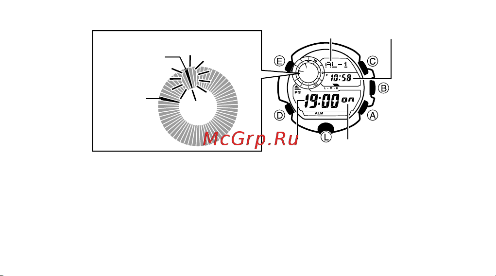 Casio GW-9400-1ER [131/168] Примерно через 1 секунду на экране отобразится номер будильника от al 1 до al 4 или snz или индикатор sig при переходе в режим будильника на экране отображаются данные которые вы просматривали последний раз перед тем как выйти из этого режима