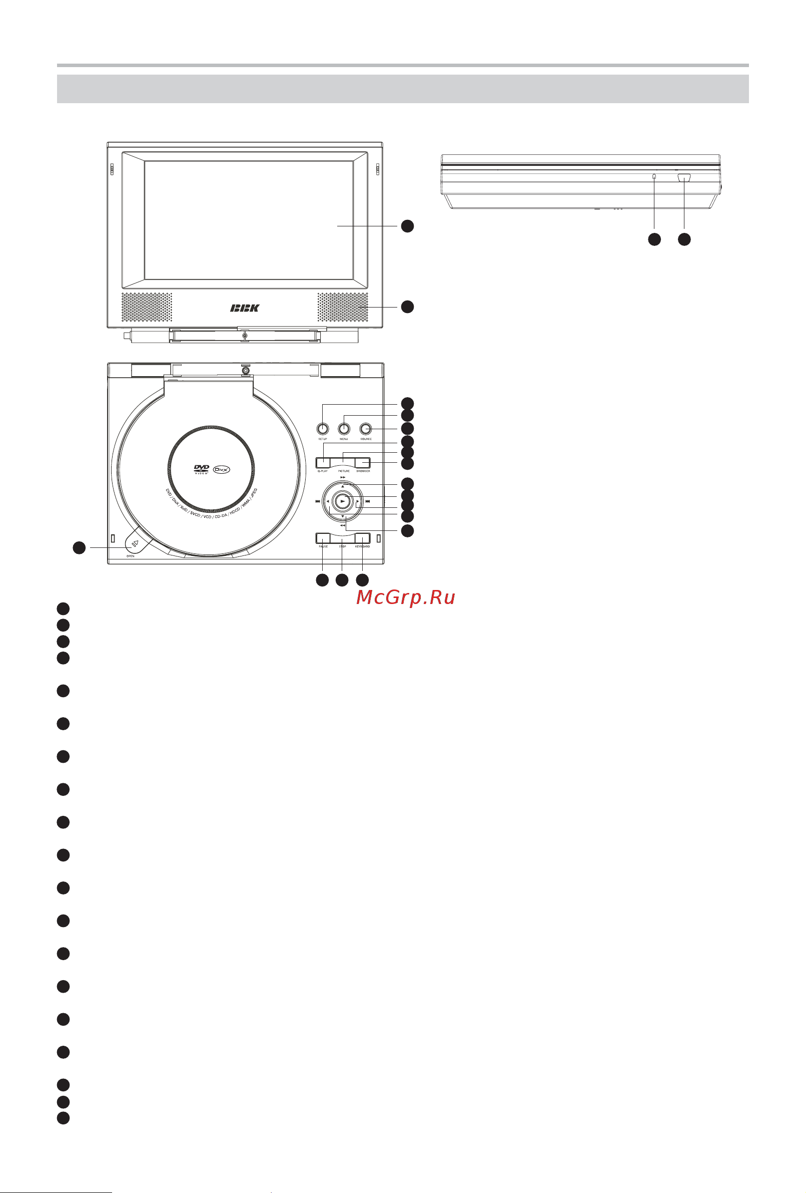 BBK DL-381S [6/29] Øèðîêîôîðìàòíûé öâåòíîé tft ýêðàí âñòðîåííûå ãðîìêîãîâîðèòåëè êëàâèøà open êëàâèøà pause ïàóçà âîñïðîèçâåäåíèÿ êëàâèøà stop îñòàíîâêà âîñïðîèçâåäåíèÿ êëàâèøà keyboard ïåðåêëþ åíèå ôóíêöèé êëàâèø ïàíåëè óïðàâëåíèÿ êëàâèøà rew down óñêîðåííîå âîñïðîèçâåäåíèå íàçàä âíèç êëàâèøà prev left âîñïðîèçâåäåíèå ñ ïðåäûäóùåé ìåòêè âëåâî êëàâèøà next right âîñïðîèçâåäåíèå ñ ïîñëåäóþùåé ìåòêè âïðàâî êëàâèøà play íîðìàëüíîå âîñïðîèçâåäåíèå êëàâèøà fwd up óñêîðåííîå âîñïðîèçâåäåíèå âïåðåä ââåðõ êëàâèøà setup ïåðåõîä â ìåíþ óñòðîéñòâà êëàâèøà menu ïåðåõîä â ìåíþ äèñêà êëàâèøà source ïåðåêëþ åíèå ðåæèìîâ êëàâèøà q play ïðîïóñê íåïåðåìàòûâàåìûõ èíôîðìàöèîííûõ áëîêîâ êëàâèøà picture íàñòðîéêà èçîáðàæåíèÿ êëàâèøà browser èíäèêàòîð ðàáî åãî ðåæèìà äàò èê èíôðàêðàñíûõ ëó åé