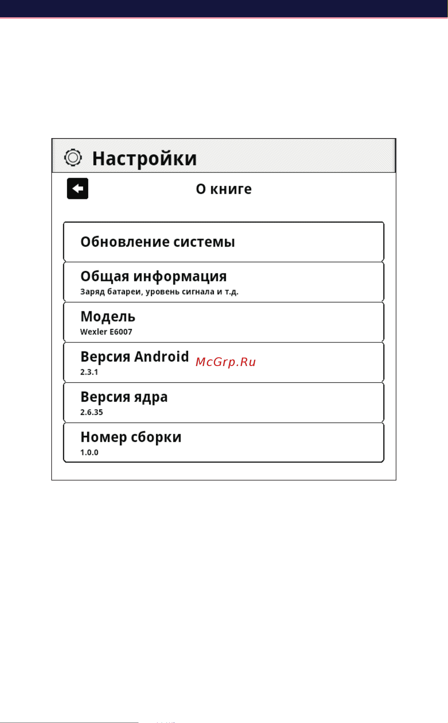 Wexler BOOK E6007 [19/27] О книге данный пункт позволяет ознакомиться с информацией об устройстве а также провести обновление по