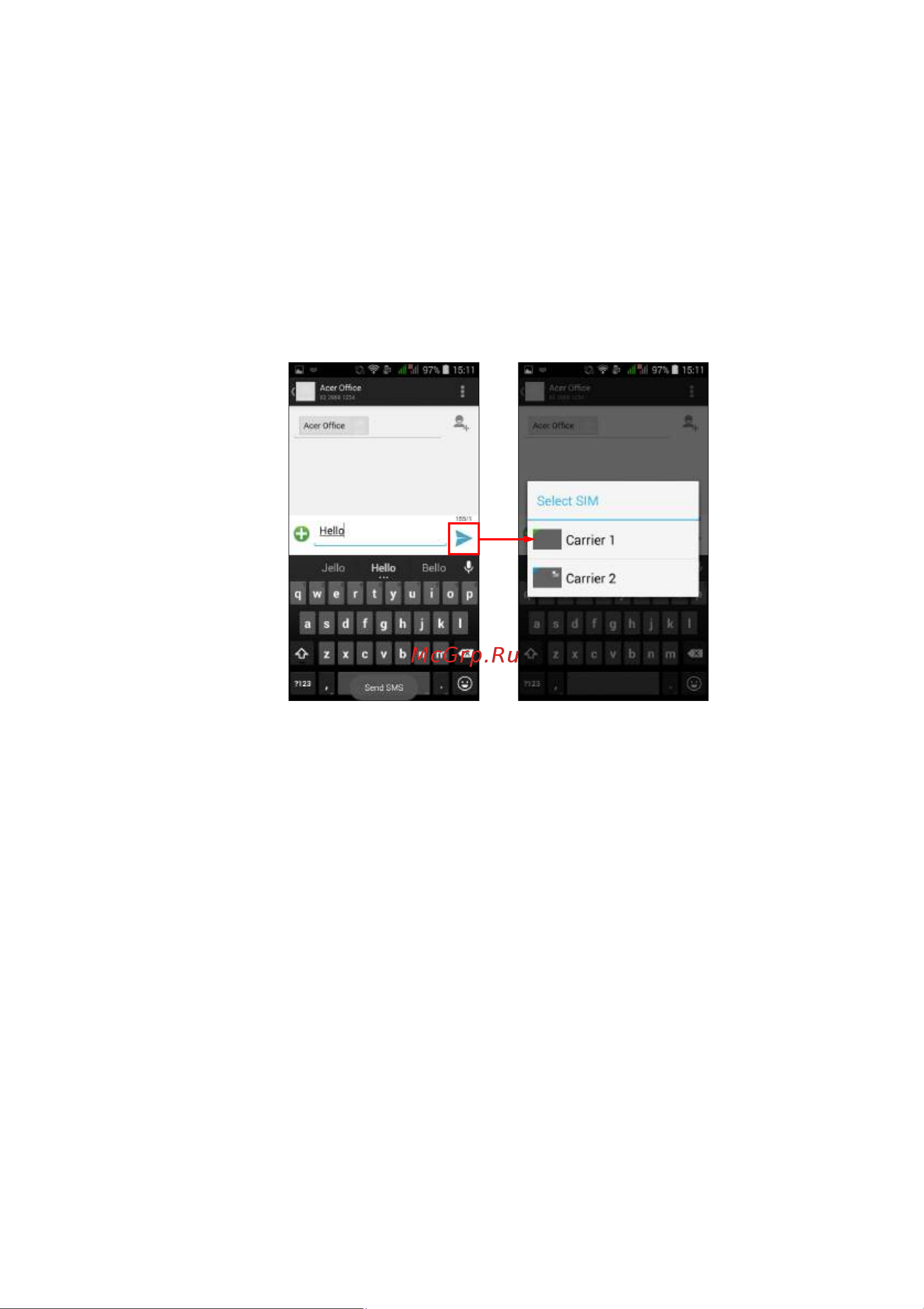 Acer Liquid Z520 [72/92] Выбор sim карты для отправки текстового сообщения sms