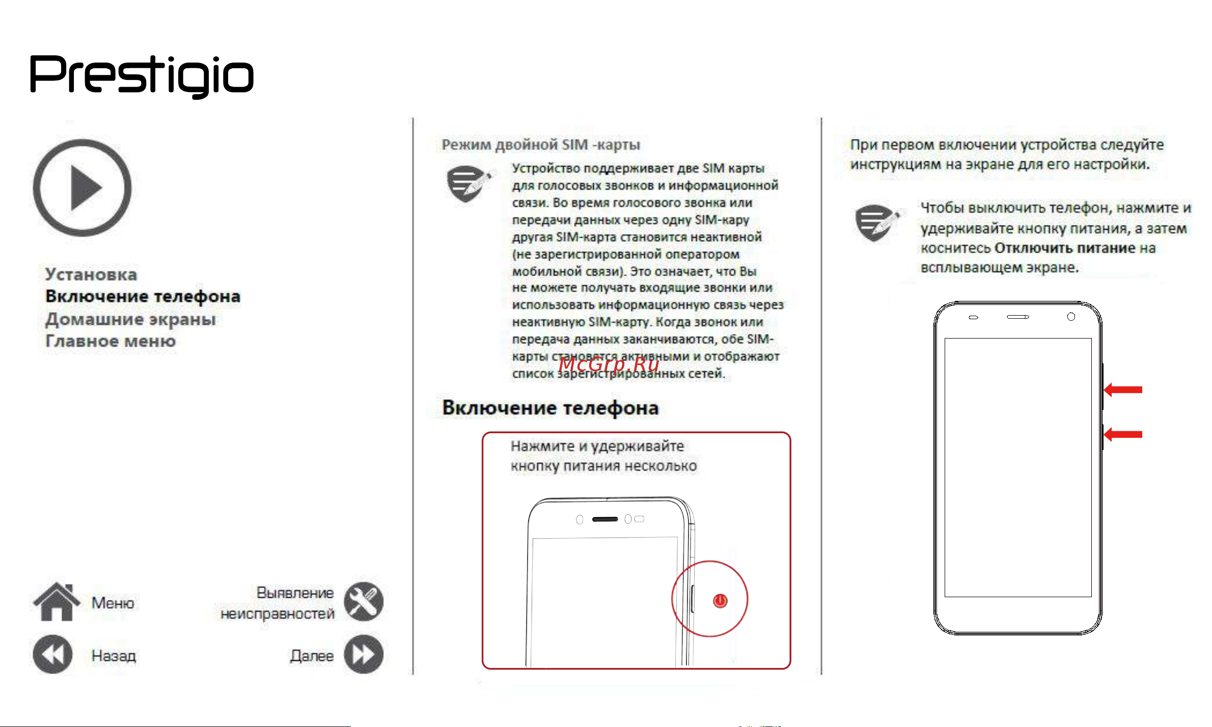 Prestigio Wize NV3 (PSP3537 DUO) [6/39] Включение телефона