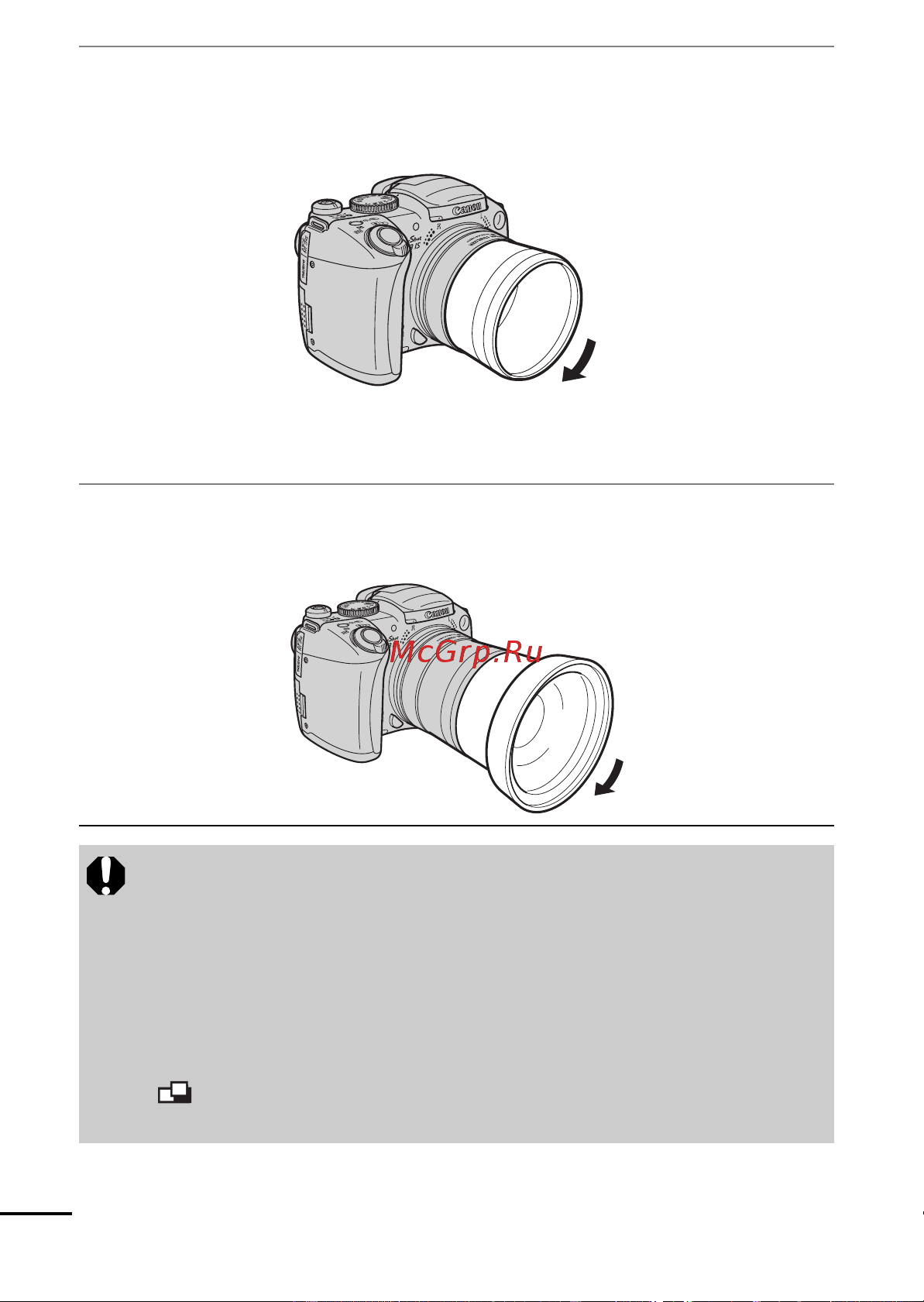 Canon PowerShot S3 IS [144/172] Совместив метку на адаптере конверторов и метку на камере поворачивайте адаптер в направлении стрелки до метки r на камере