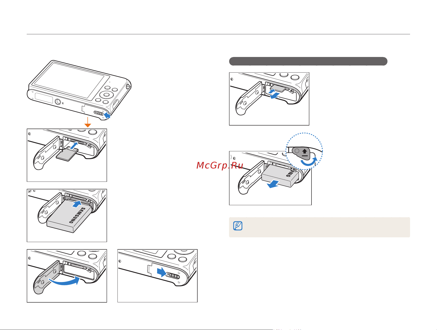 Samsung ST200(F) [18/161] Установка аккумуляторной батареи и карты памяти
