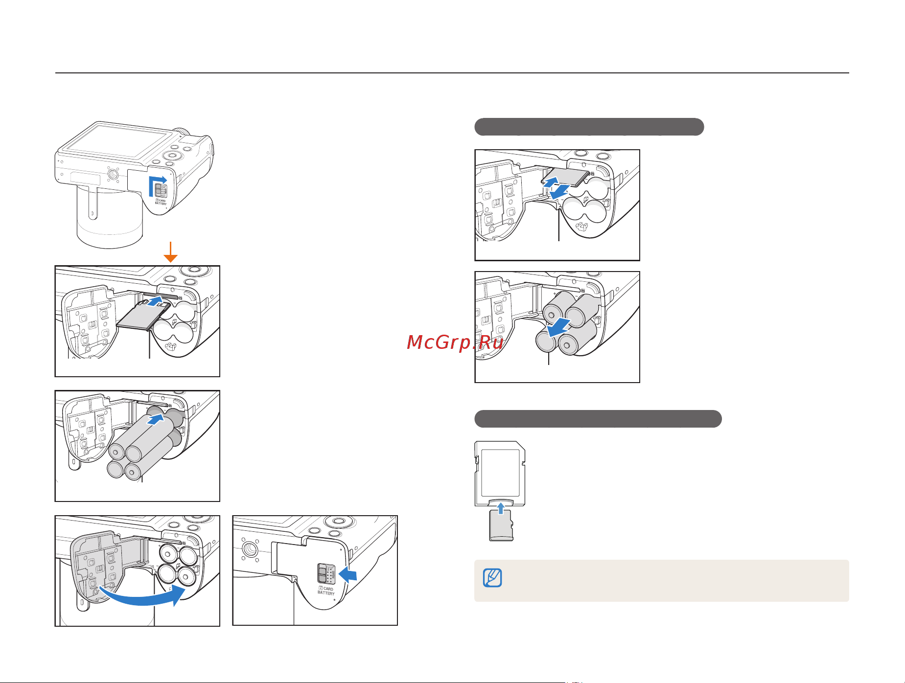 Samsung WB101 [17/124] Установка батареи и карты памяти