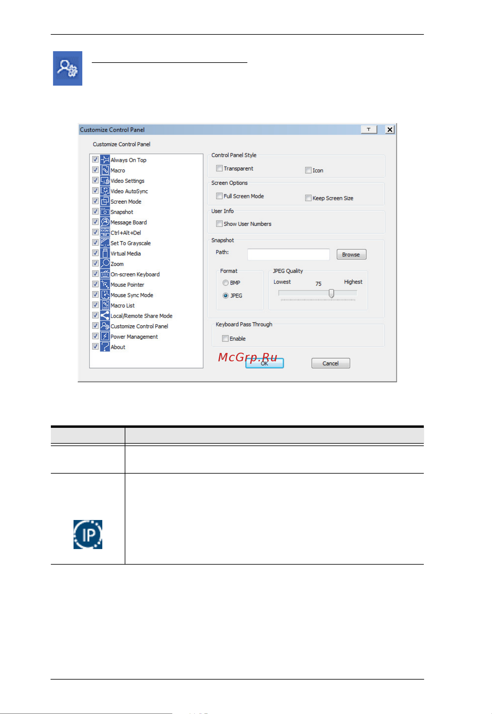 Aten CN8000A [120/203] Clicking the customize control panel icon brings up a dialog box that allows you to configure the items that appear on the control panel as well as its graphical settings