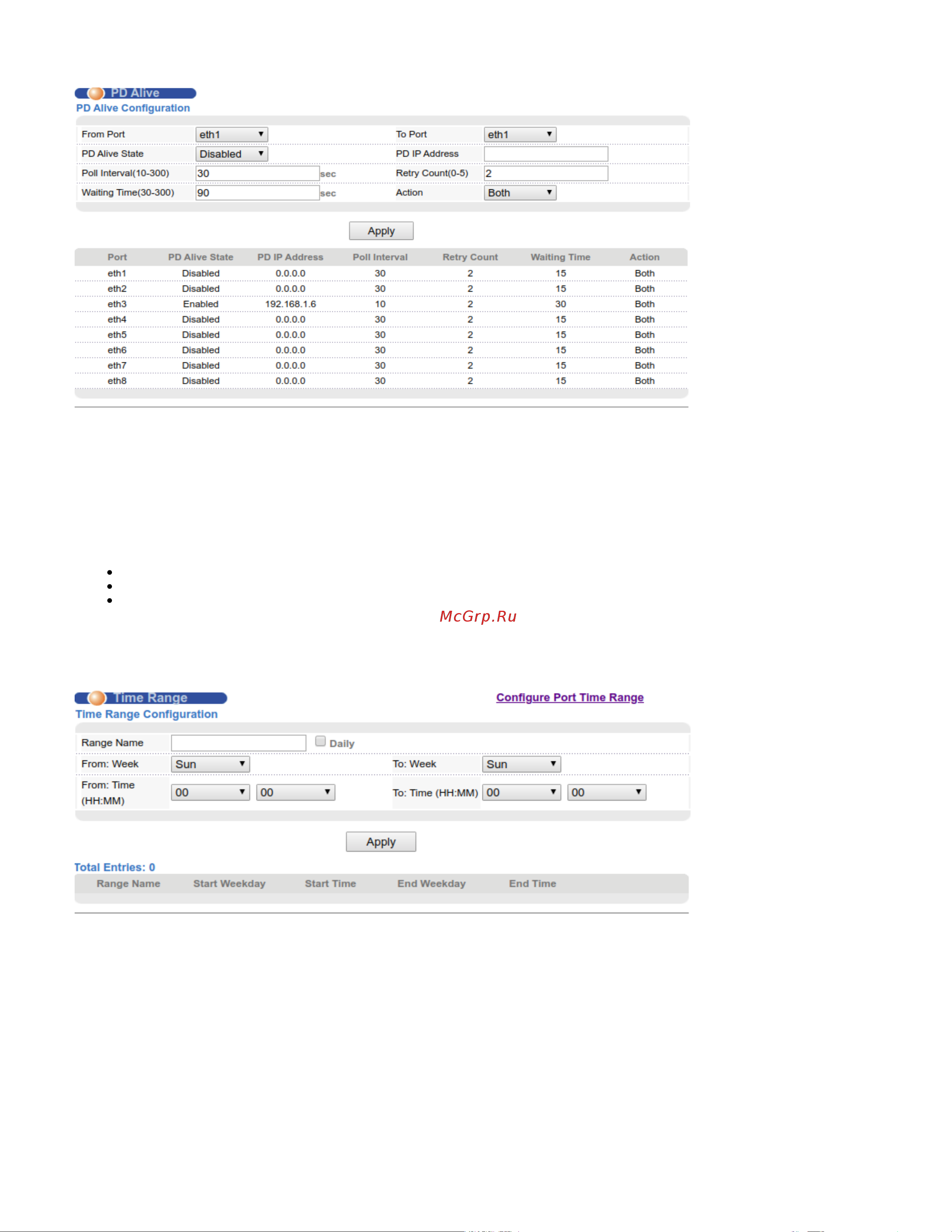 SNR S2200G-8T-POE [16/27] Time range это функционал который включает poe на портах в заданный интервал времени настройка функционала осуществляется в разделе advanced application time range конфигурационных файлов может быть несколько все конфигурации отображаются в окне total entries в котором можно удалить конфигурацию при помощи delete напротив необходимой конфигурации