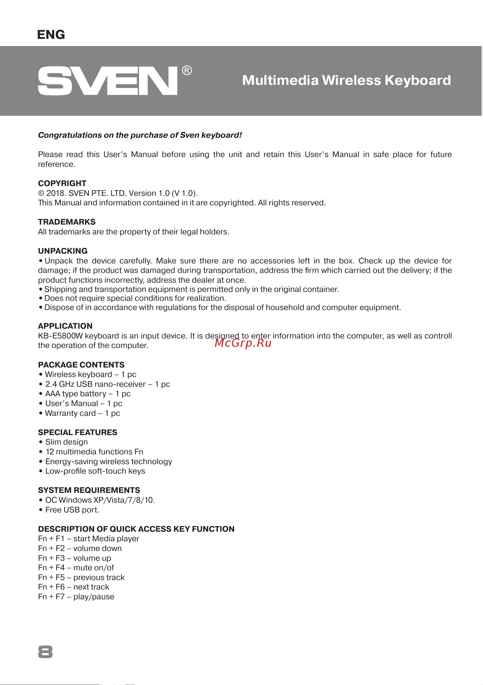 Sven KB-E5800W (SV-017026) [8/11] Multimedia wireless keyboard