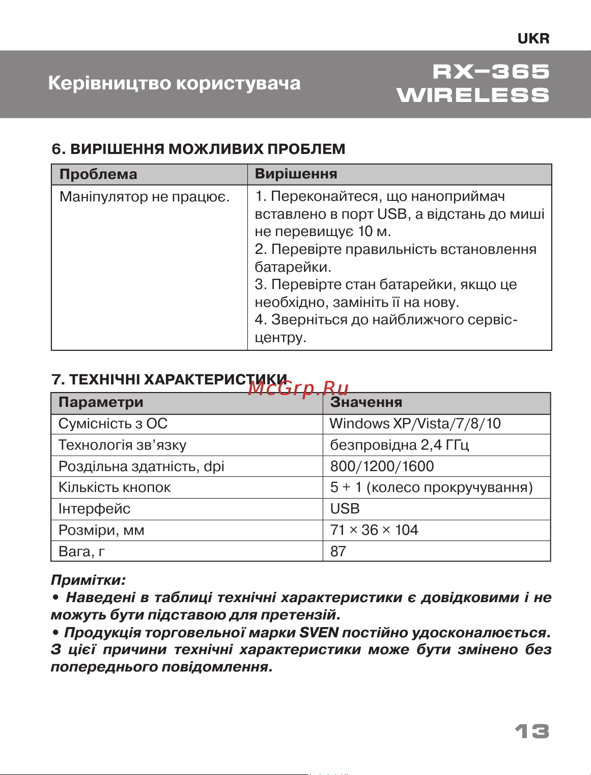 Sven RX-365 [13/20] Технічні характеристики