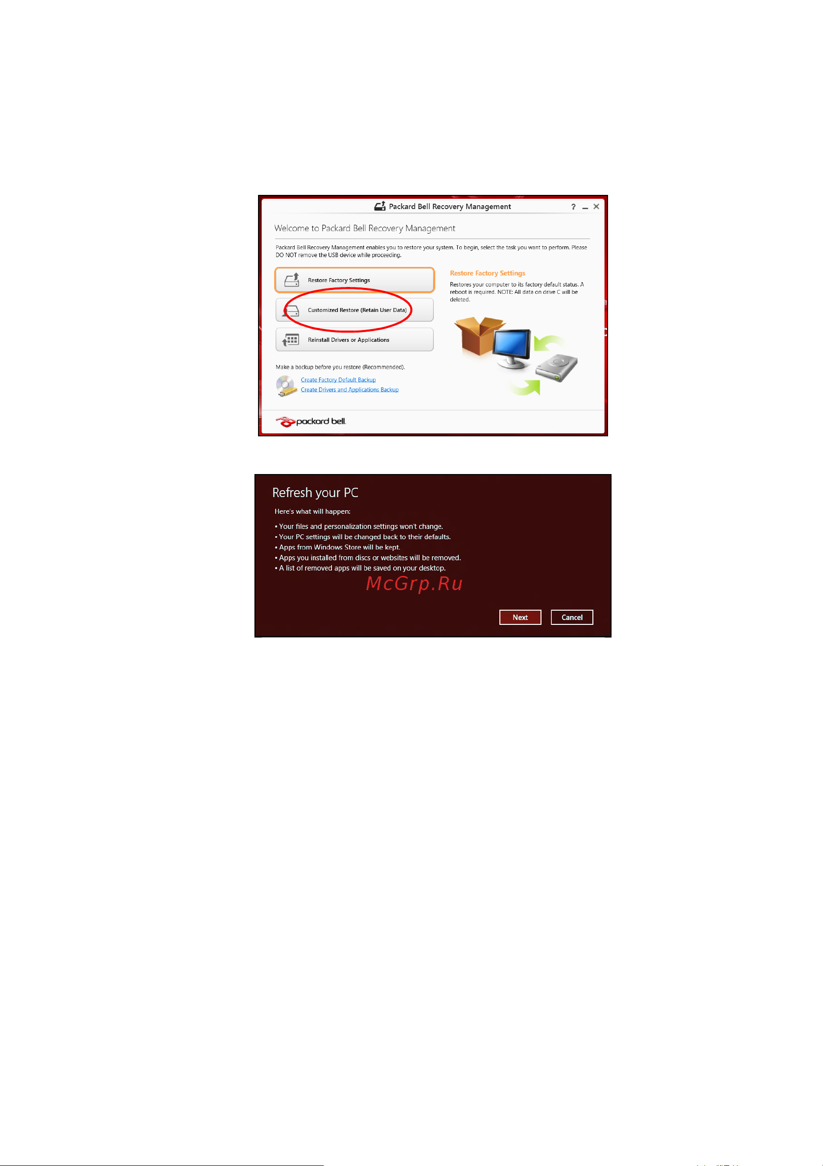 Packard Bell EasyNote TG81BA (NX.C3YER.008 ) [33/92] Восстановление из резервной копии для восстановления