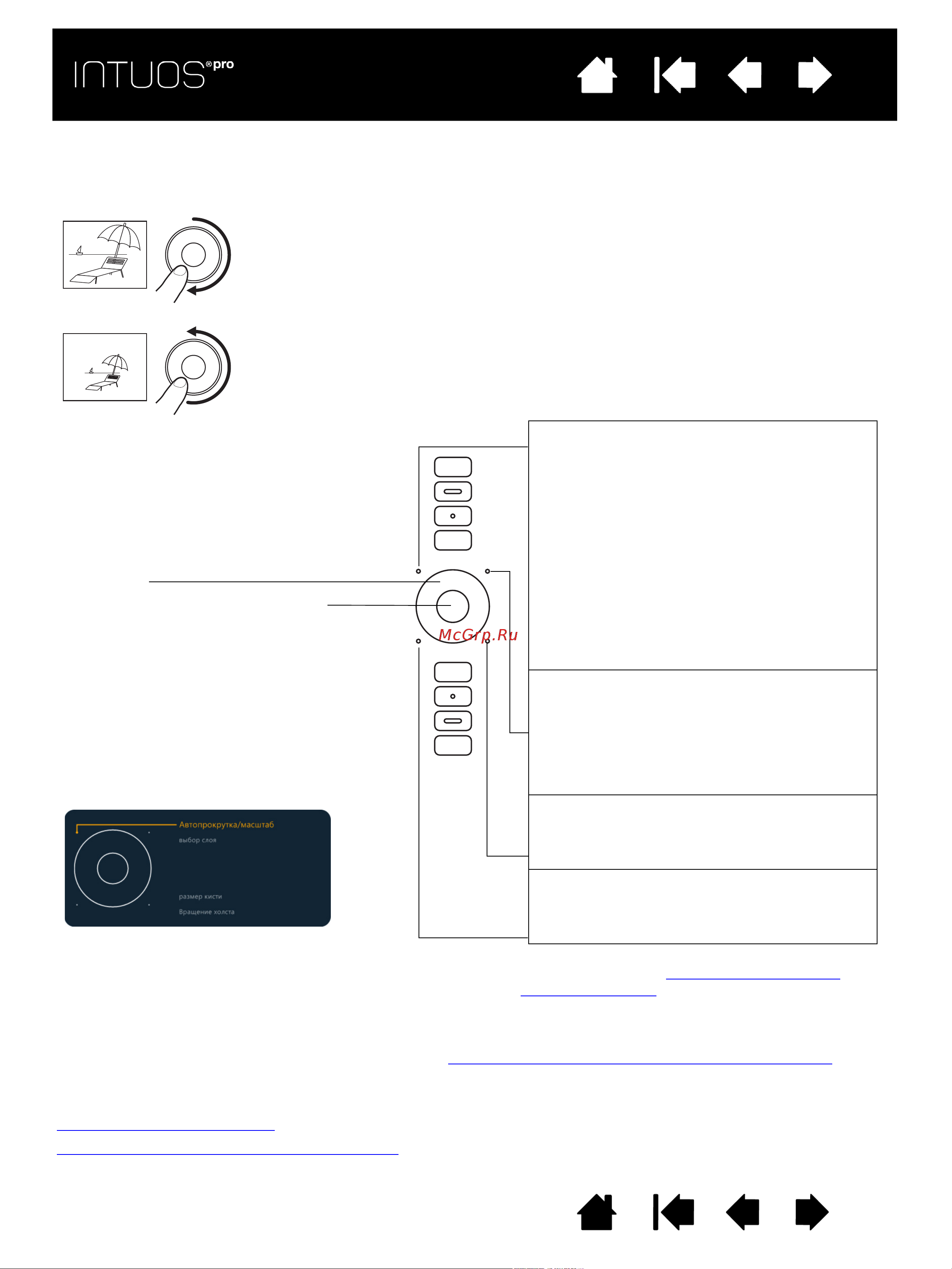 Wacom Intuos Pro S [21/98] Важно в некоторых приложениях управление функциями сенсорного кольца touch ring может определяться настройками приложения вне зависимости от настроек планшета для получения подробной информации см использование интегрированных приложений