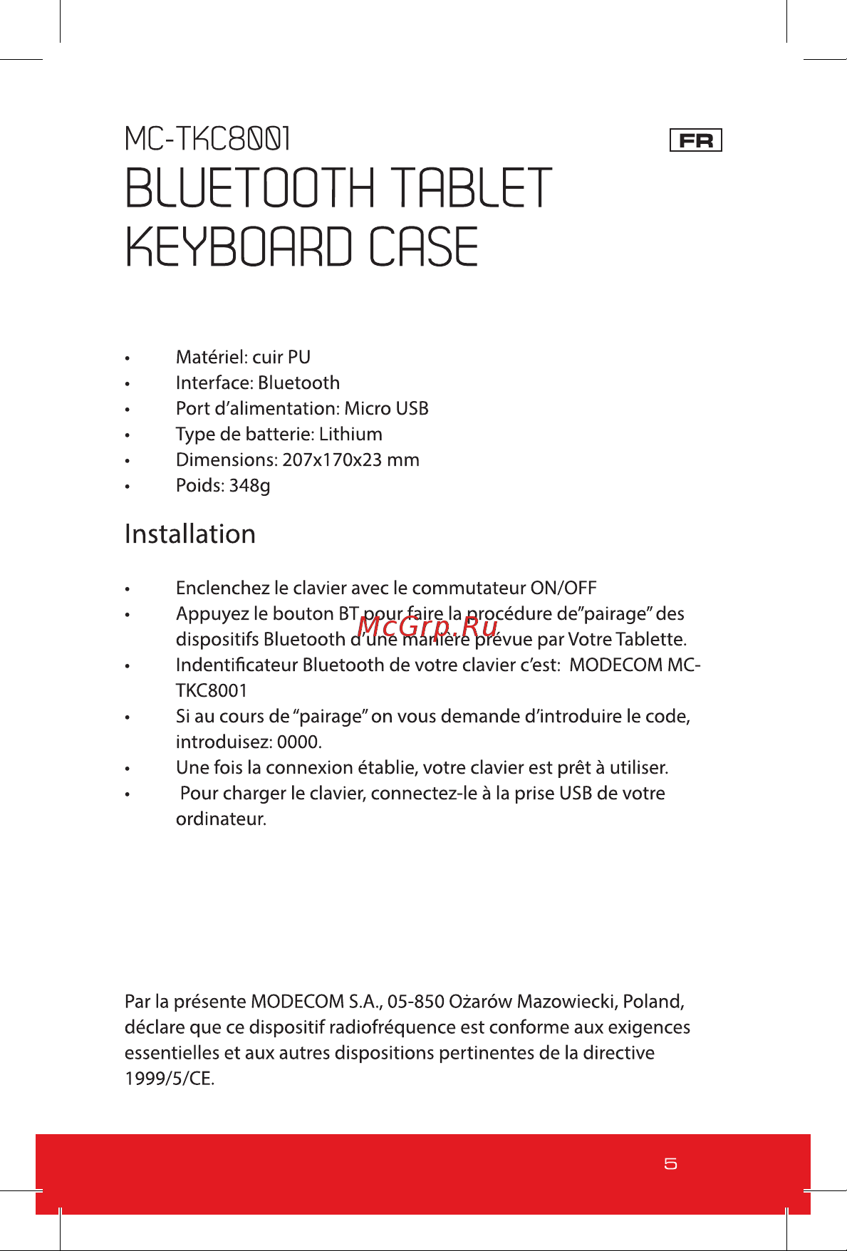 MODECOM MC-TKC8001 Руководство по эксплуатации онлайн [5/16] 752297