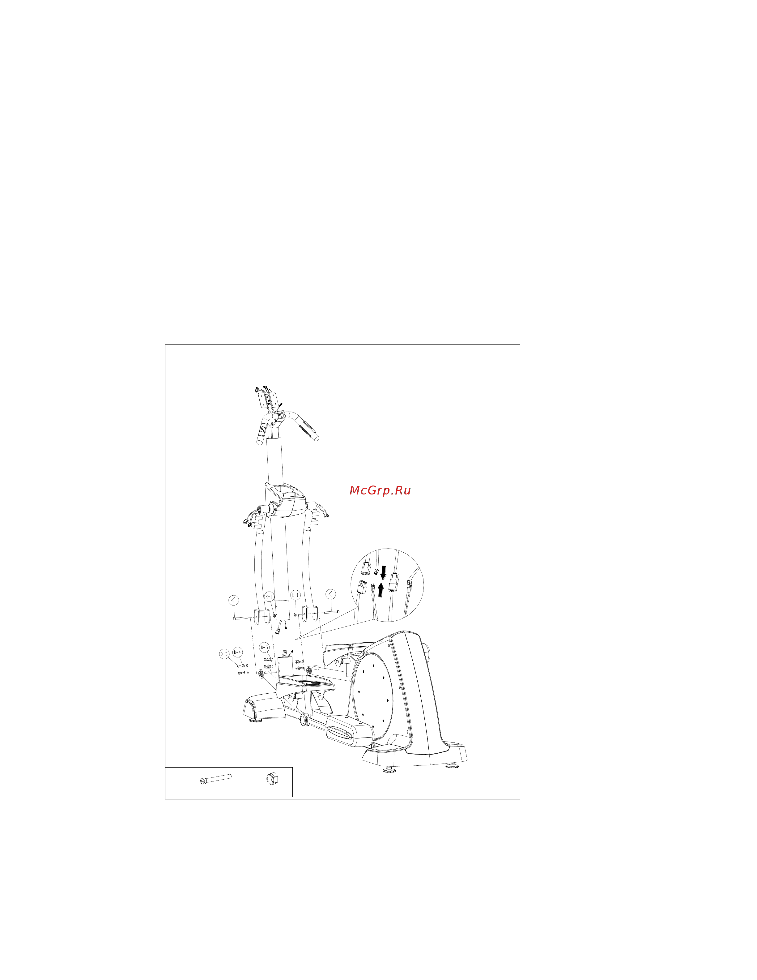 HouseFit DYNAMIC PE2.0 [10/19] Выкрутите один верхний шуруп m5 c 5 из стойки рукоятки c с помощью отвертки и установите держатель для бутылки c 4 затем снова закрутите верхний шуруп и плотно закрутите другой шуруп снимите шурупы c 32 и шайбы c 31 c 33 со стойки рукоятки соедините верхний и нижний провода компьютера c 38 d 1 d 2 c 39 затем установите стойку рукоятки на основной раме d 3 и закрепите с помощью шурупов шайб d 5 и пружинных шайб d 4 соедините нижние рукоятки правую и левую d 10l d 10r с рычагом педали e и закрепите с помощью болта с 6 гранной головкой k четырех плоских шайб и двух нейлоновых гаек k 1