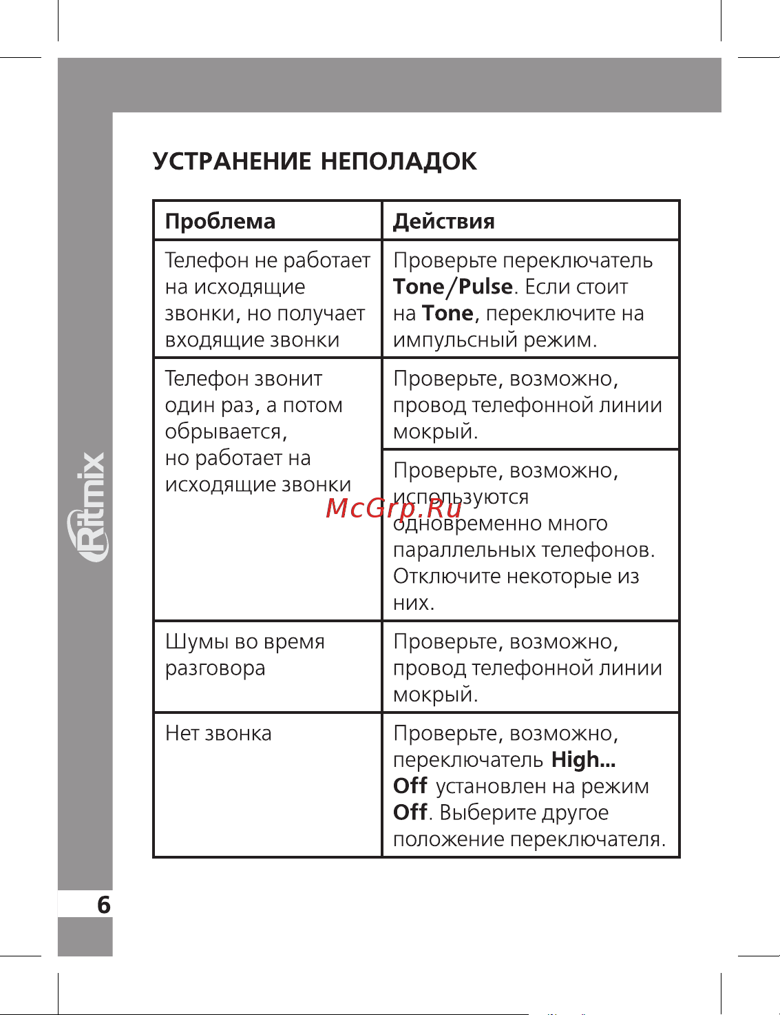 Ritmix RT-150 Руководство по эксплуатации онлайн [6/8] 757400