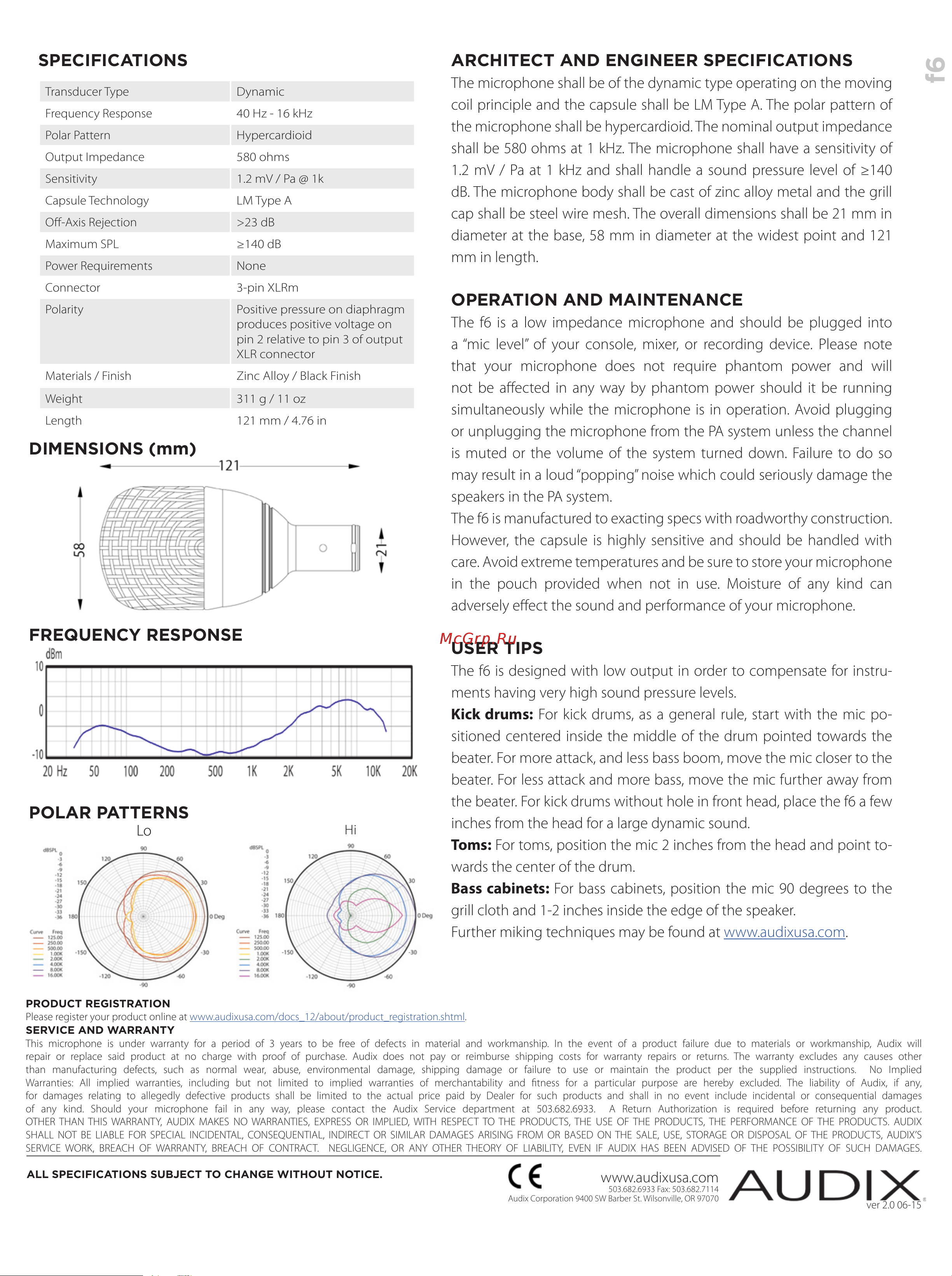 AUDIX f6 [2/2] Architect and engineer specifications