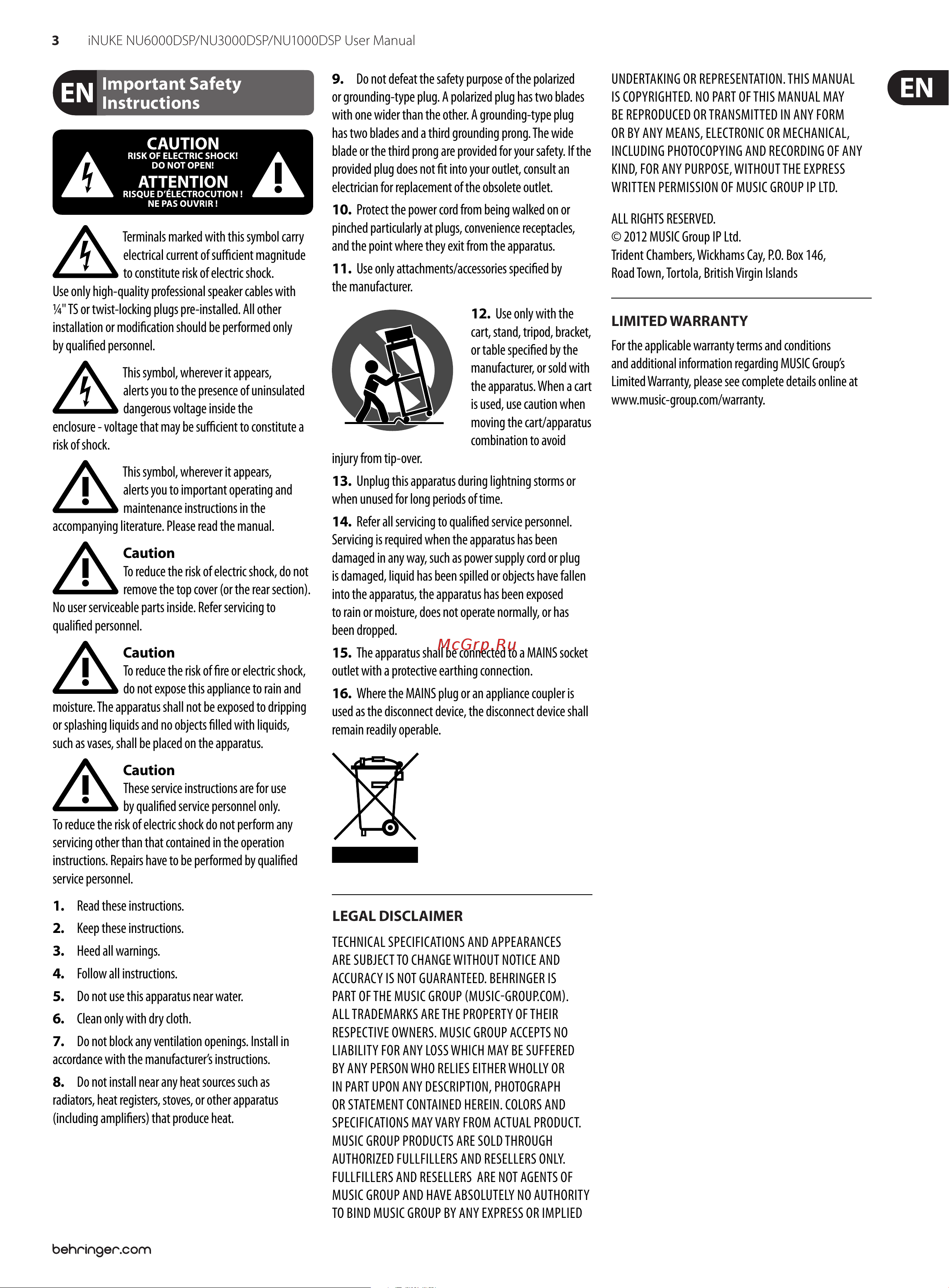 Behringer NU1000 [3/22] Important safety instructions