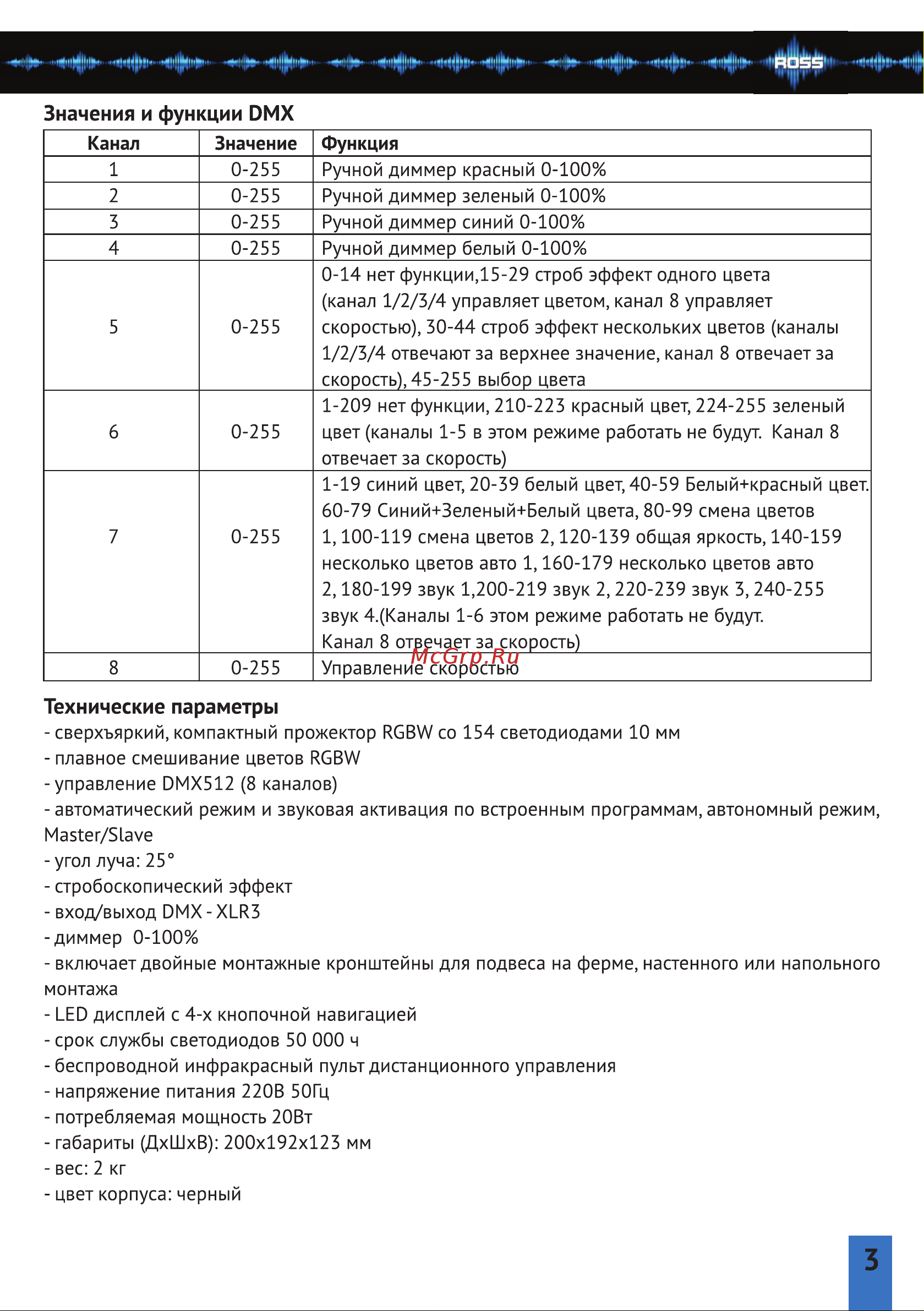 ROSS LED FLAT PAR RGBW 154 RC [3/5] Страница 3