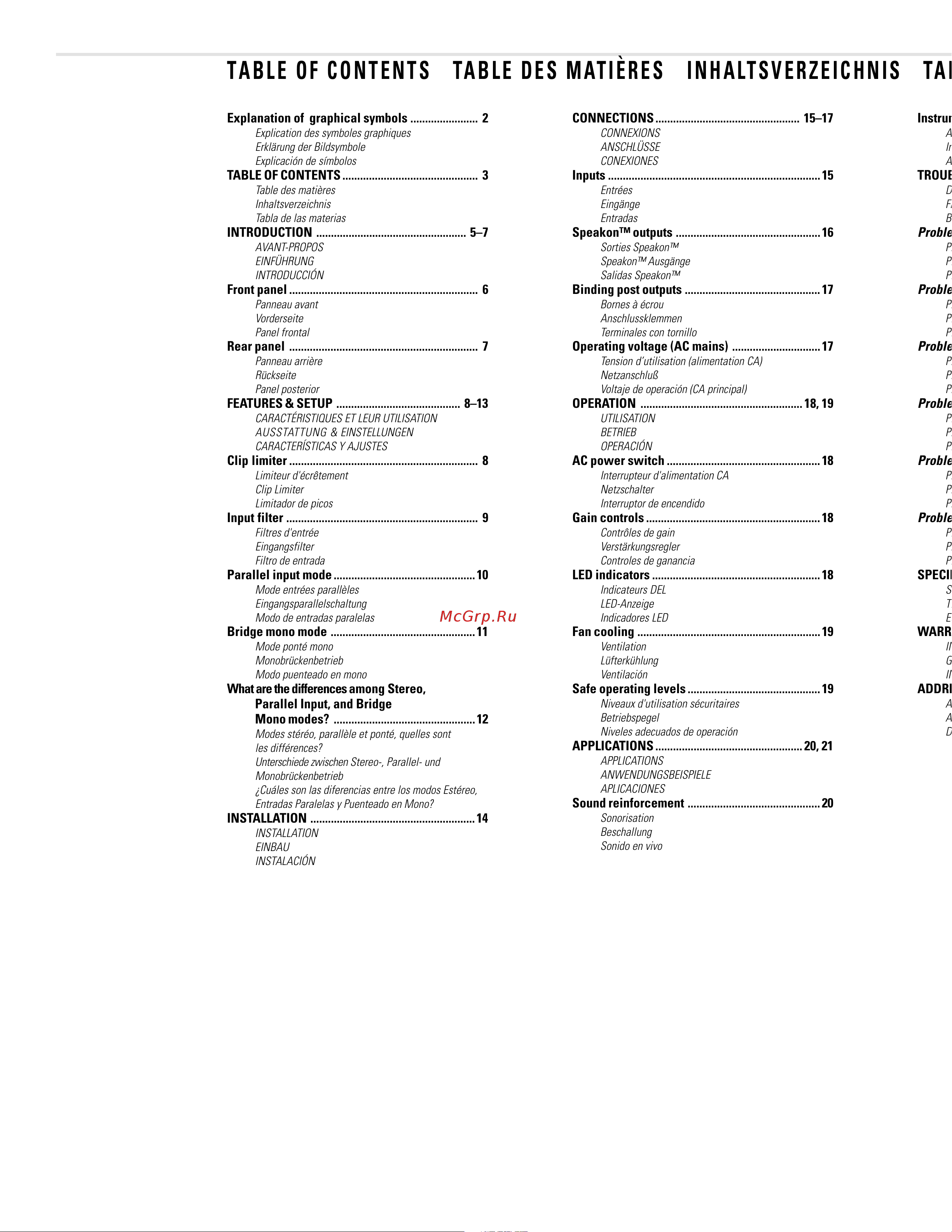 QSC RMX5050a [3/38] Table of contents table des matières inhaltsverzeichnis tabla de las materias