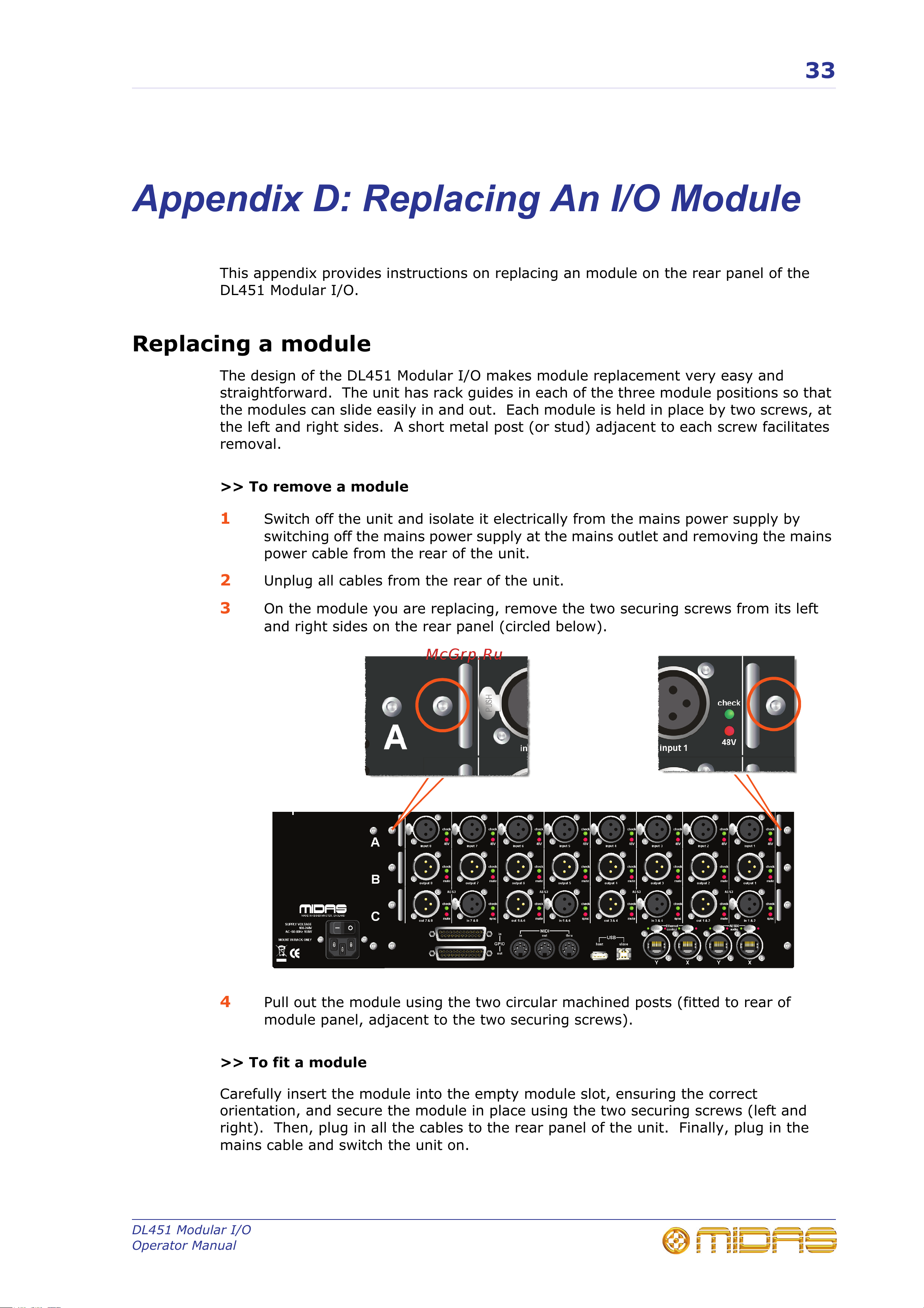 MIDAS DL451 [51/86] Appendix d replacing an i o module