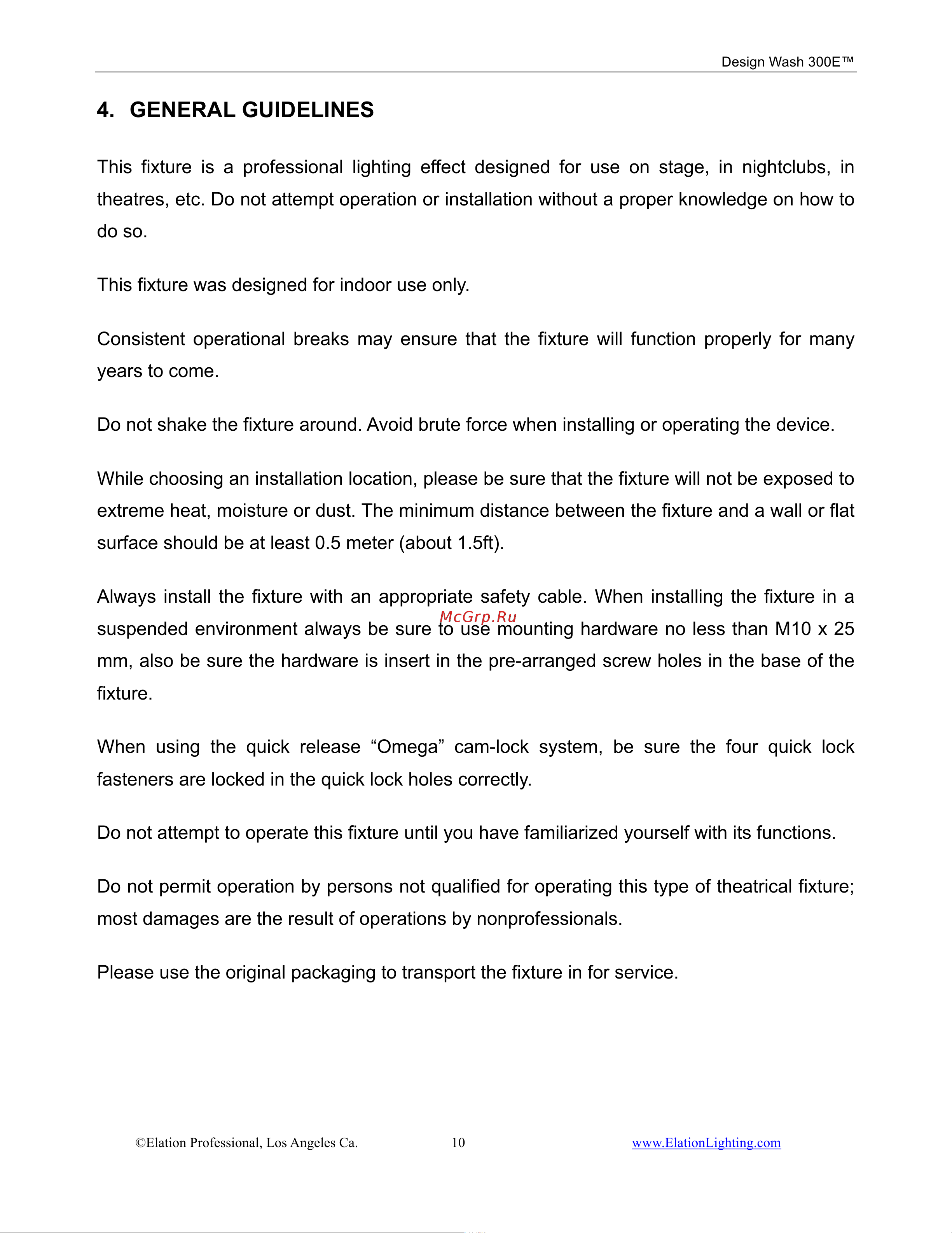 ELATION Design Wash 300E [10/56] General guidelines