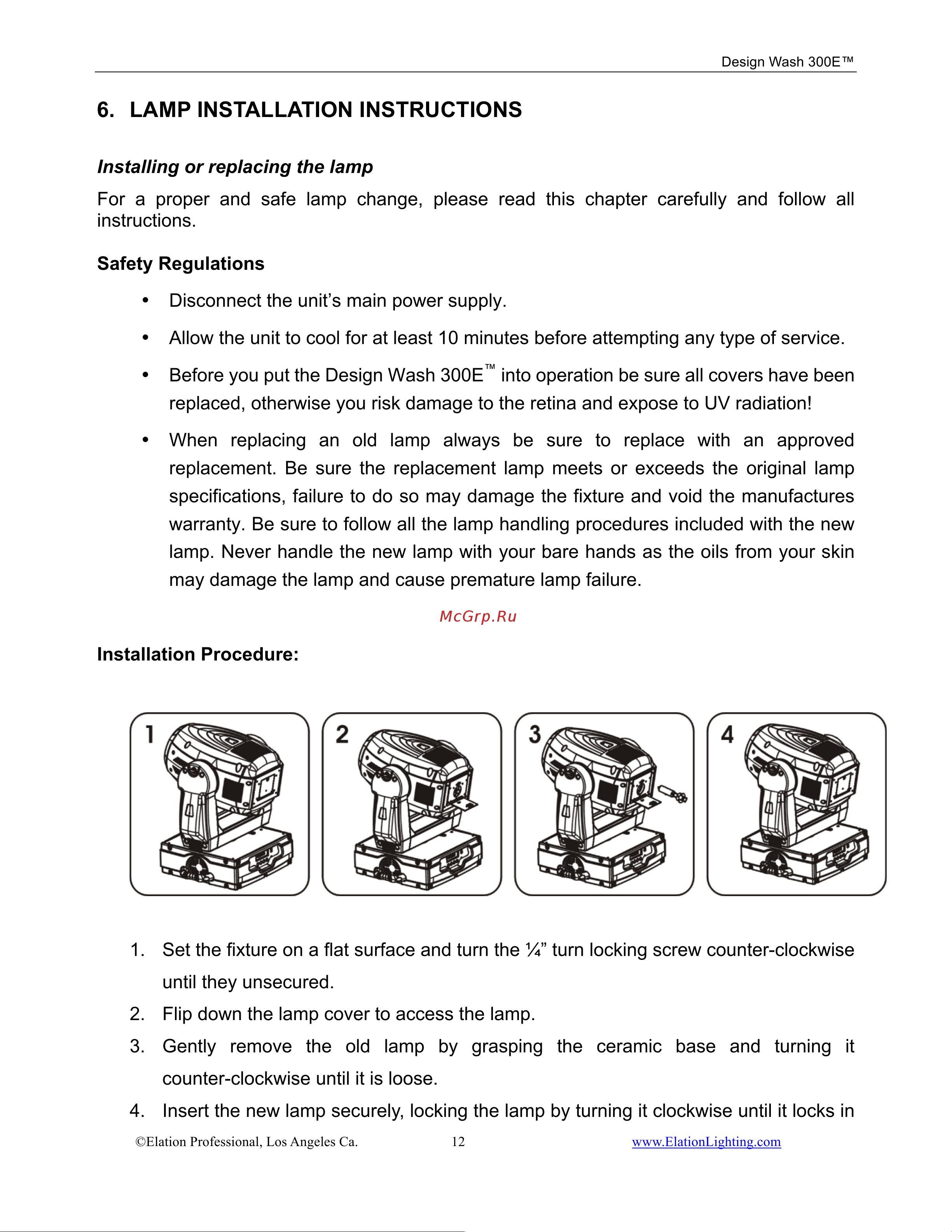 ELATION Design Wash 300E [12/56] Lamp installation instructions
