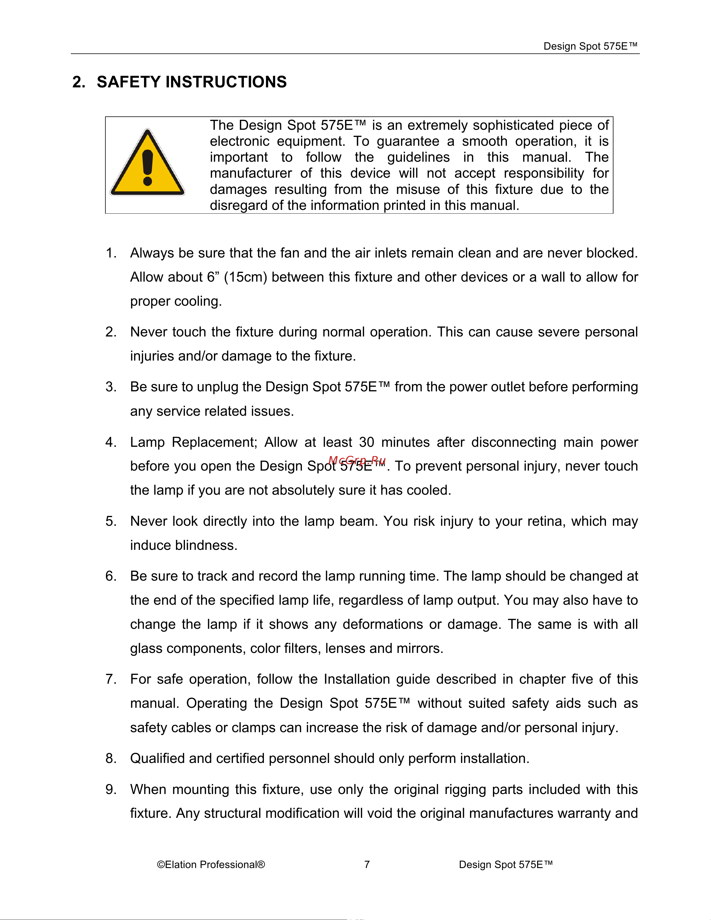 ELATION Design Spot 575 [7/60] Safety instructions