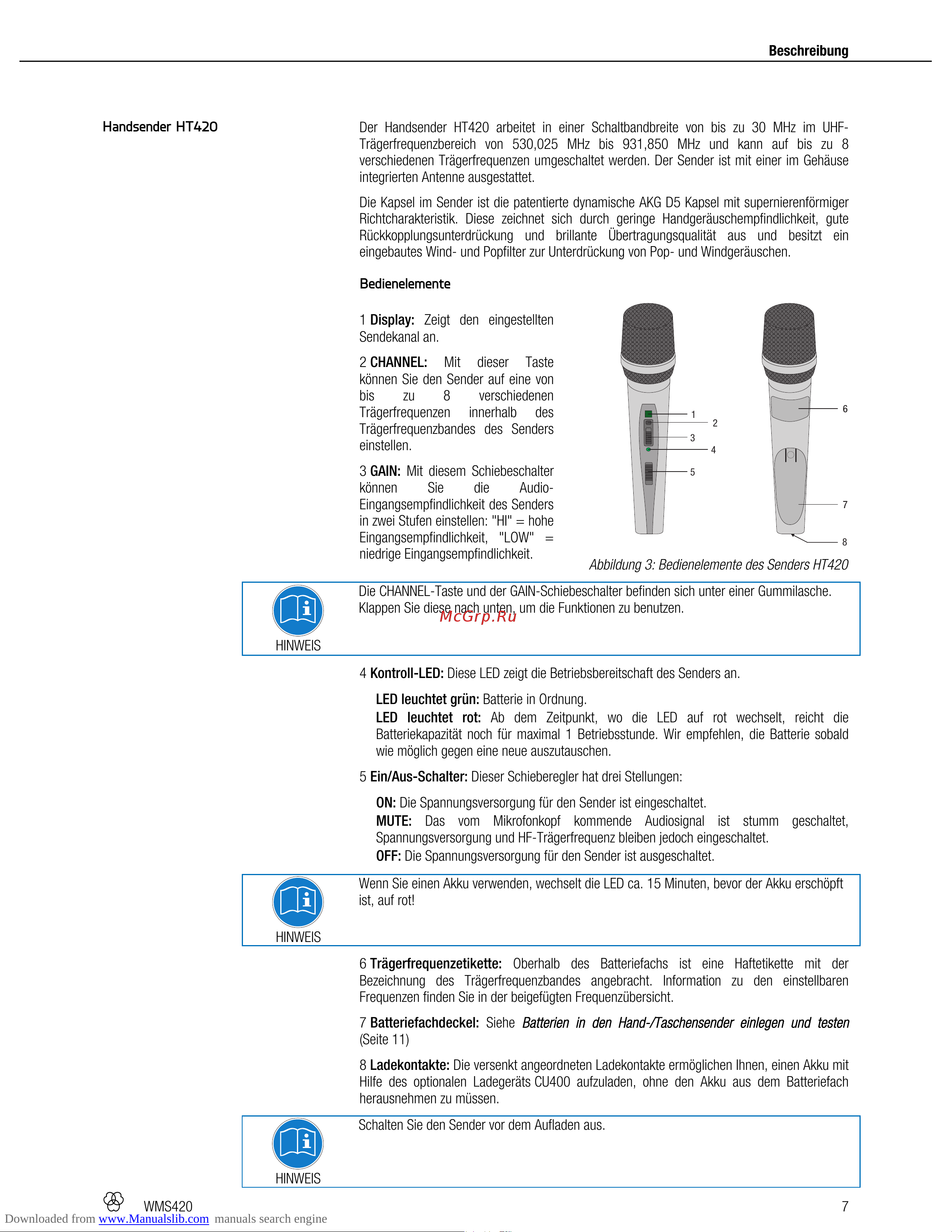 AKG WMS420 Vocal Set Band A Руководство по эксплуатации онлайн [7/100] 758910