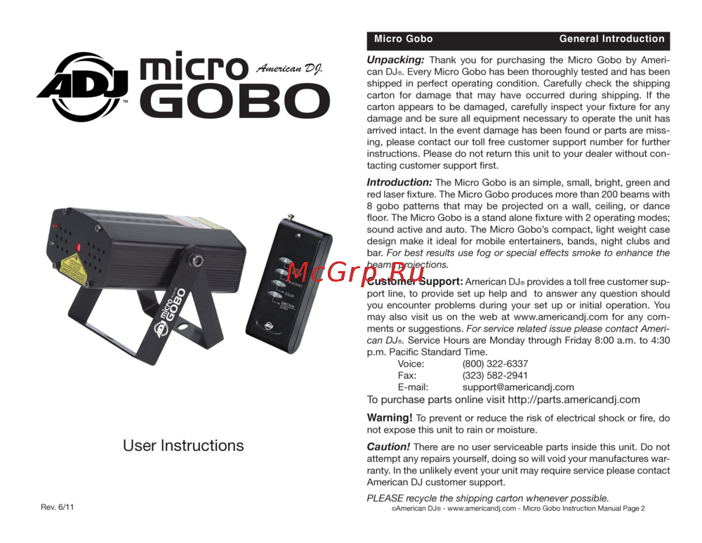 ADJ Micro Gobo Руководство по эксплуатации