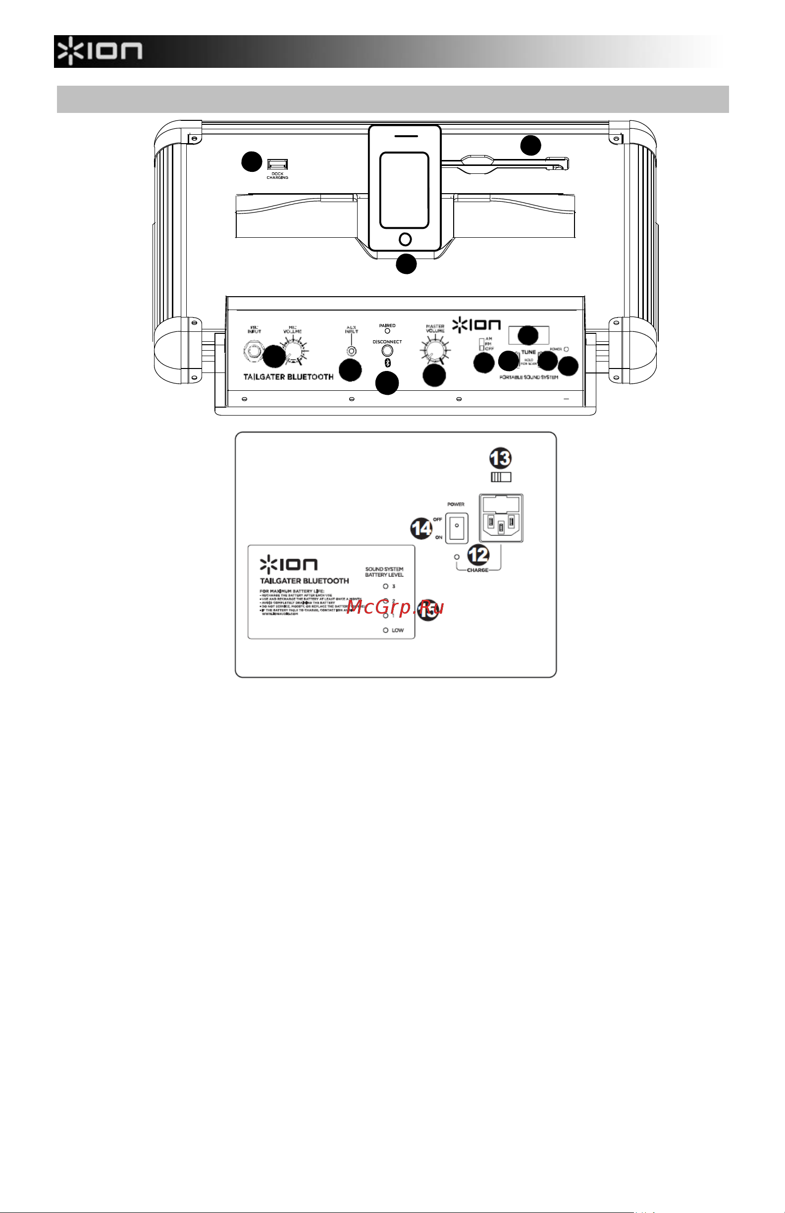 Ion Audio TAILGATER BLUETOOTH [3/5] Схема и описание частей