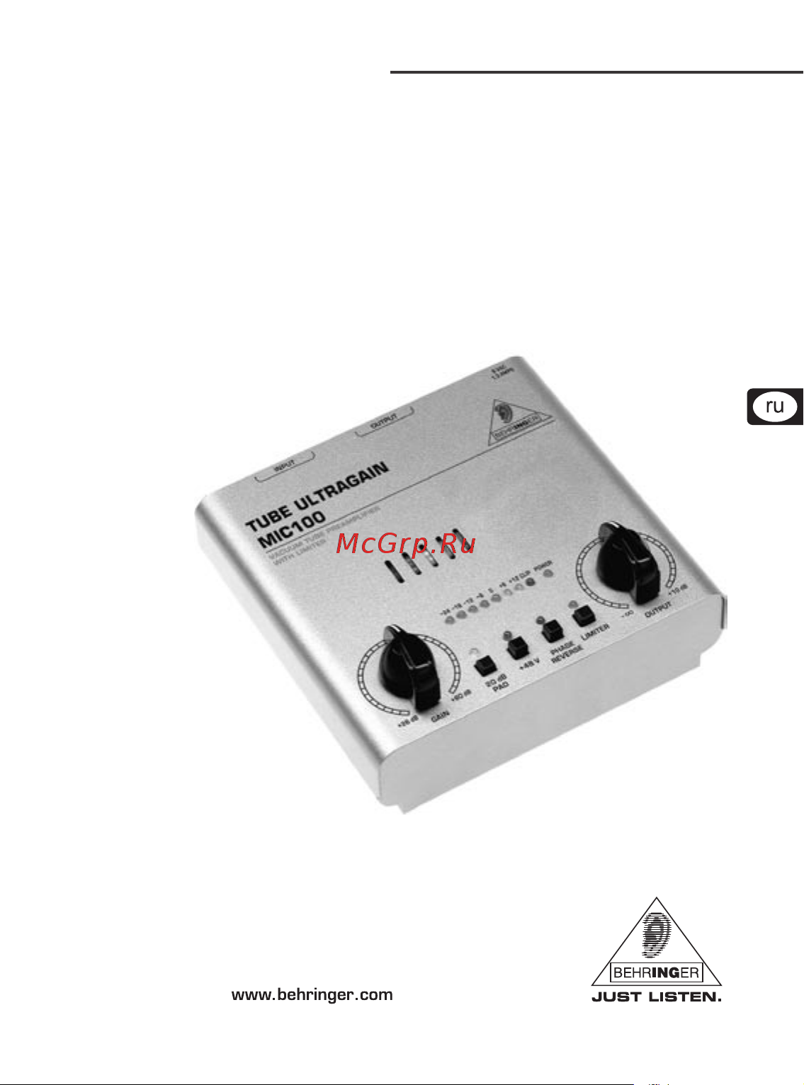 Behringer MIC 100 TUBE ULTRAGAIN Руководство по эксплуатации онлайн