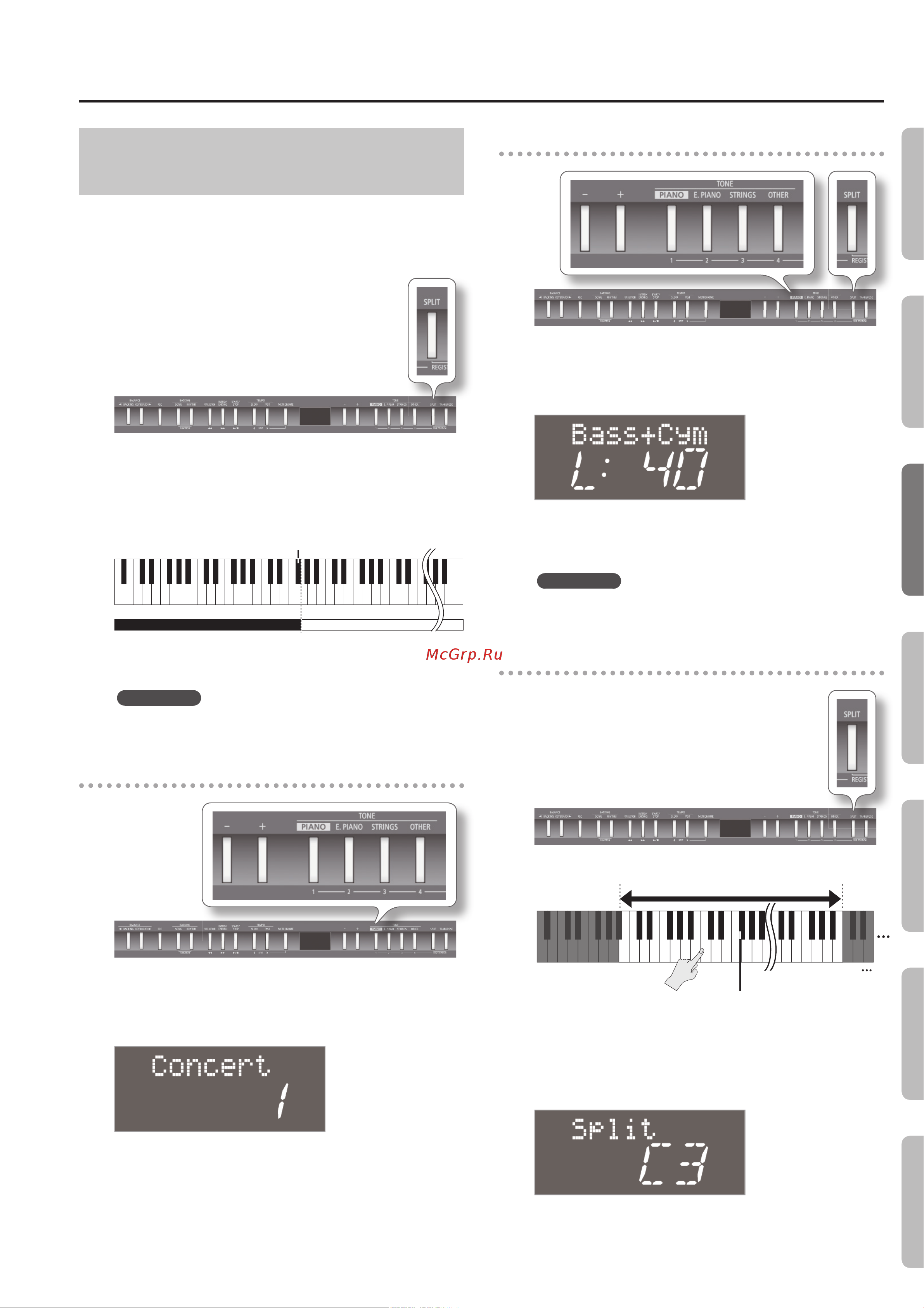 Roland FP-50-BK [15/61] Назначение различных тембров на правую и левую руки режим split