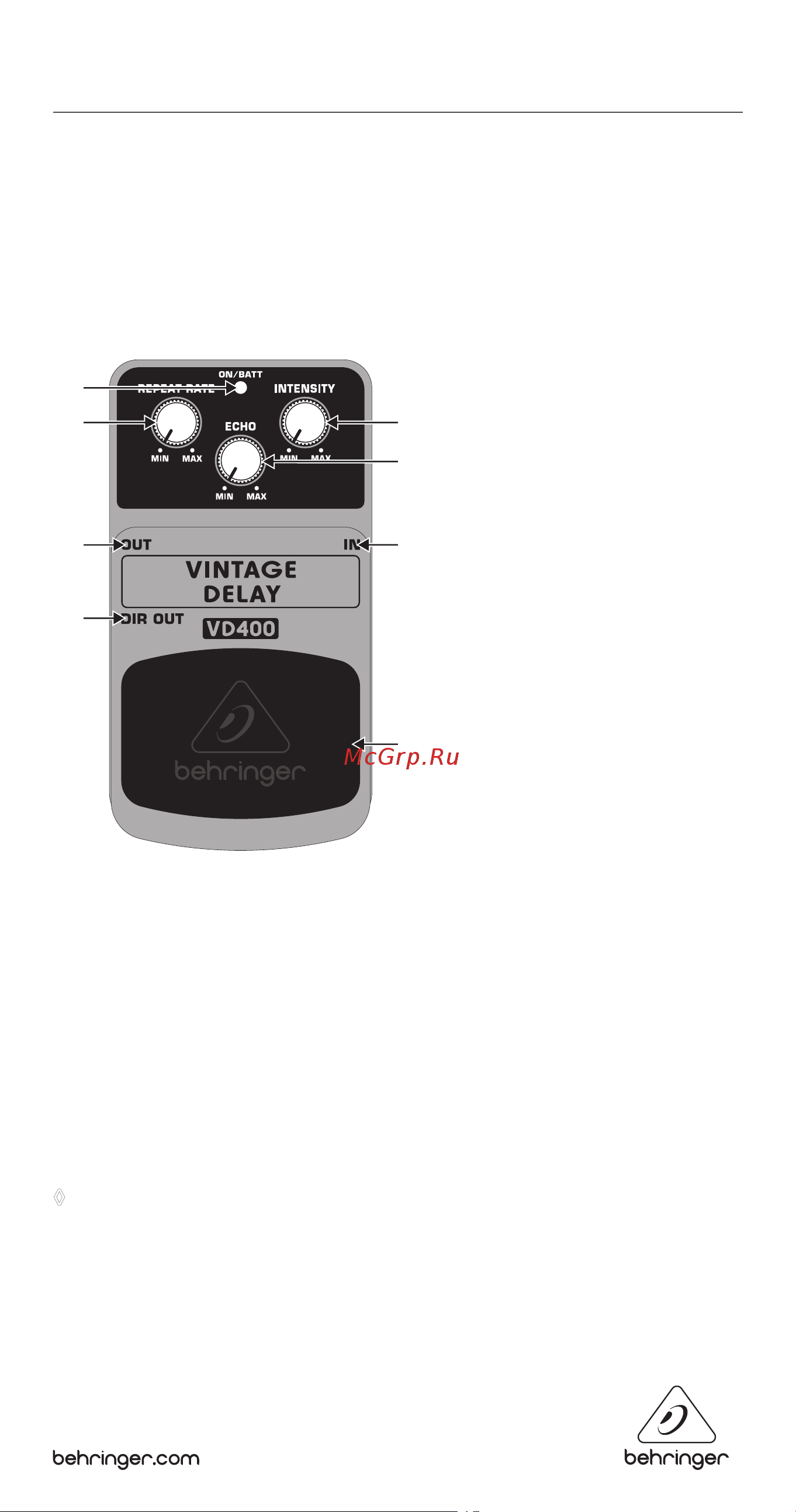 Behringer VINTAGE DELAY VD400 Руководство по эксплуатации онлайн