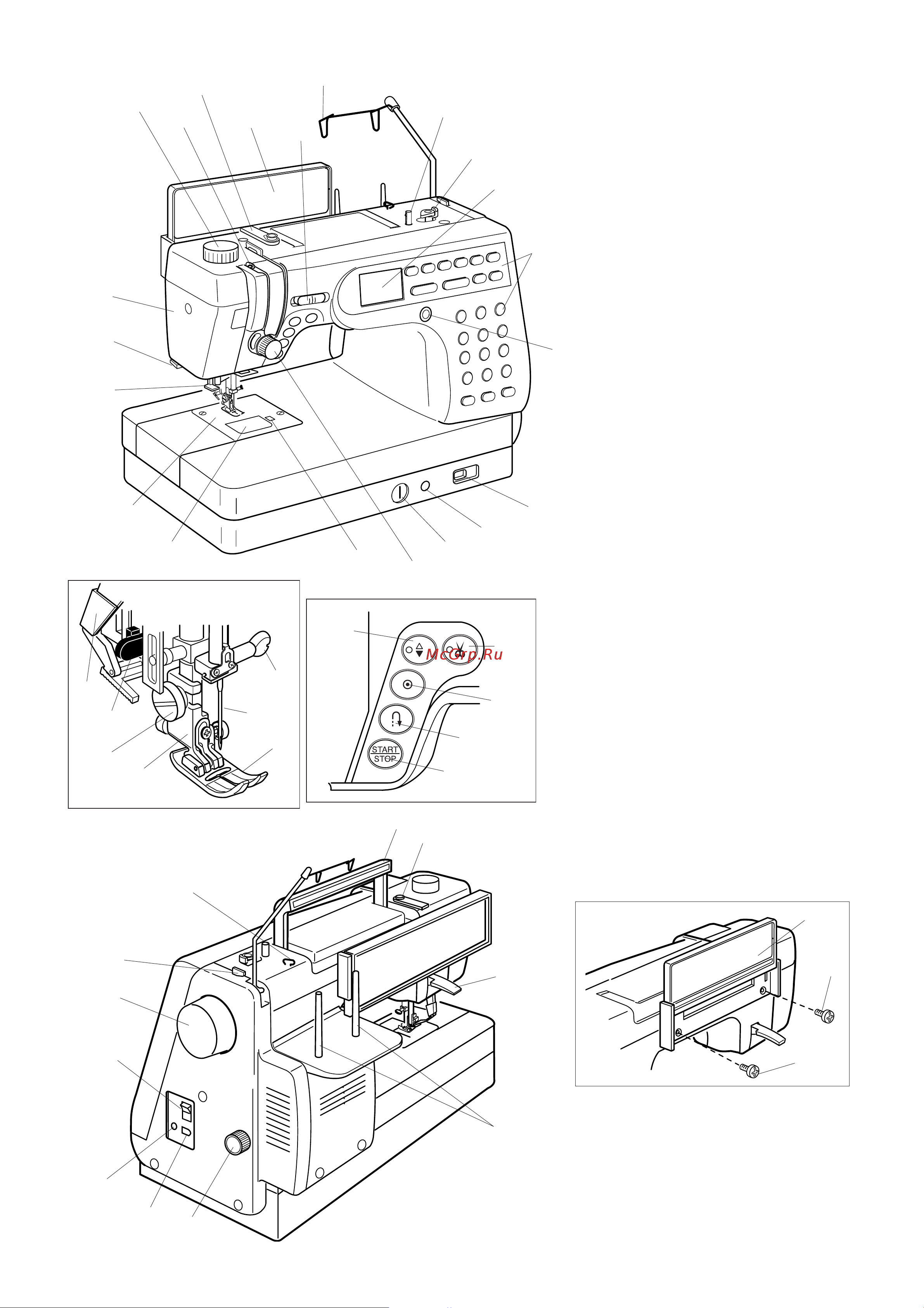 Janome Memory Craft 6600P [5/93] Реле давления лапки на ткань 2 рычаг нитеводителя 3 нитенаправитель 4 панель с краткой информацией 5 рычаг контроля скорости 6 съемный нитенаправитель 7 шпиндель моталки 8 стопор намотки шпульки 9 жидкокристаллический дисплей 10 функциональные клавиши 11 изменение контрастности жк дисплея 12 кнопка отключения транспортера подачи ткани 13 разъем для коленного рычага 14 регулировка баланса стежка 15 ручка регулировки натяжения нити 16 кнопка обрезки нити 17 кнопка подъема опускания иглы 18 кнопка автоматической закрепки 19 кнопка реверса 20 кнопка старт стоп 21 кнопка снятия челночной пластины 22 пластина челночного отсека 23 игольная пластина 24 нитевдеватель 25 обрезатель нити 26 передняя панель 27 лапка для зигзага а 28 держатель лапки 29 винт держателя лапки 30 рычаг петли 31 механизм верхней подачи ткани 32 игла 33 винт игольного стержня 34 ручка для переноса 35 диск натяжения нити при намотке 36 рычаг подъема лапки 37 катушечные стержни 38 регулятор двойной подачи ткани 39 разъемы