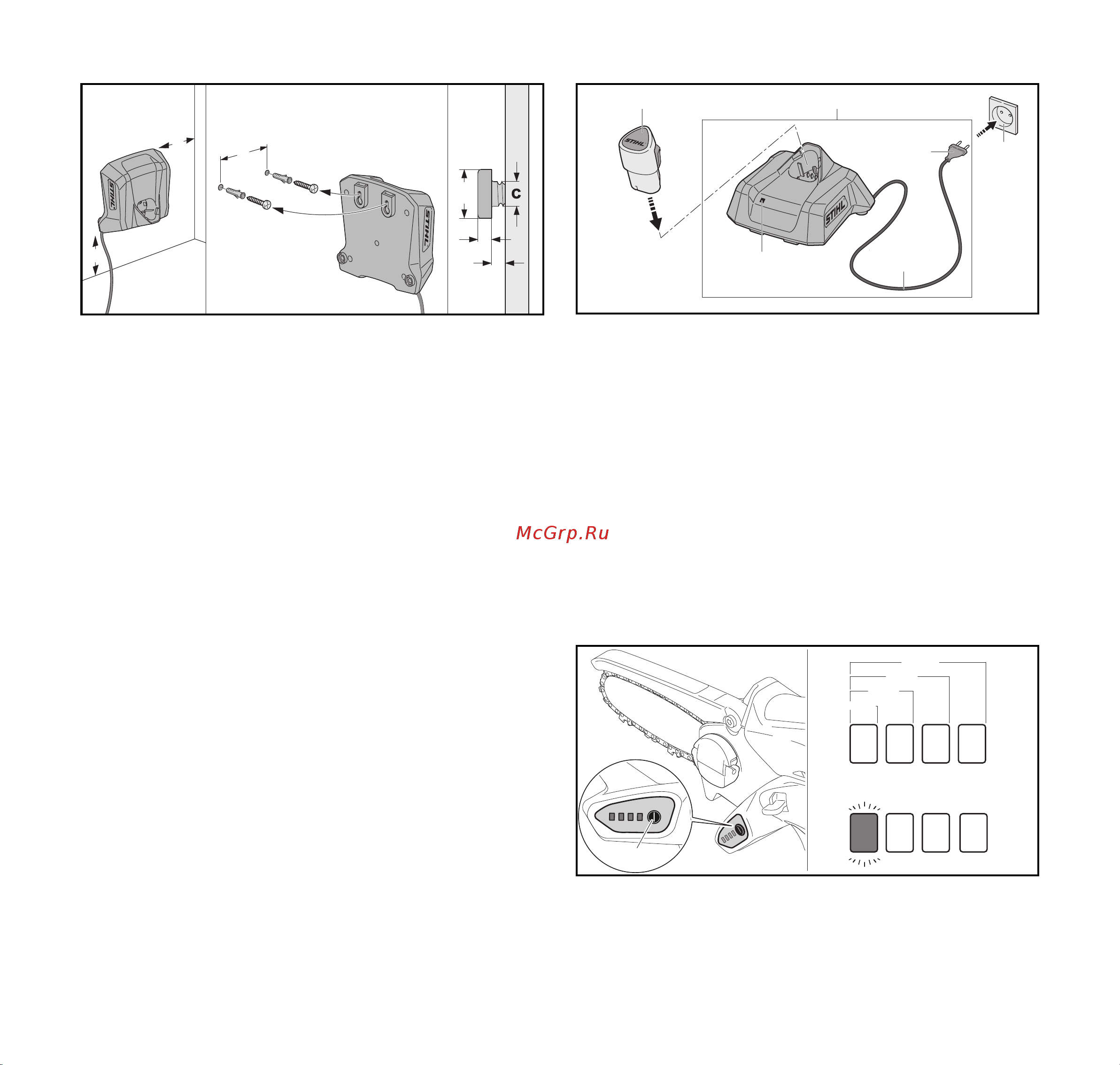 Stihl GTA 26 [56/188] The charging process starts automatically when the plug is inserted in a wall outlet and the battery is fitted in the charger the charger switches itself off automatically when the battery is fully charged