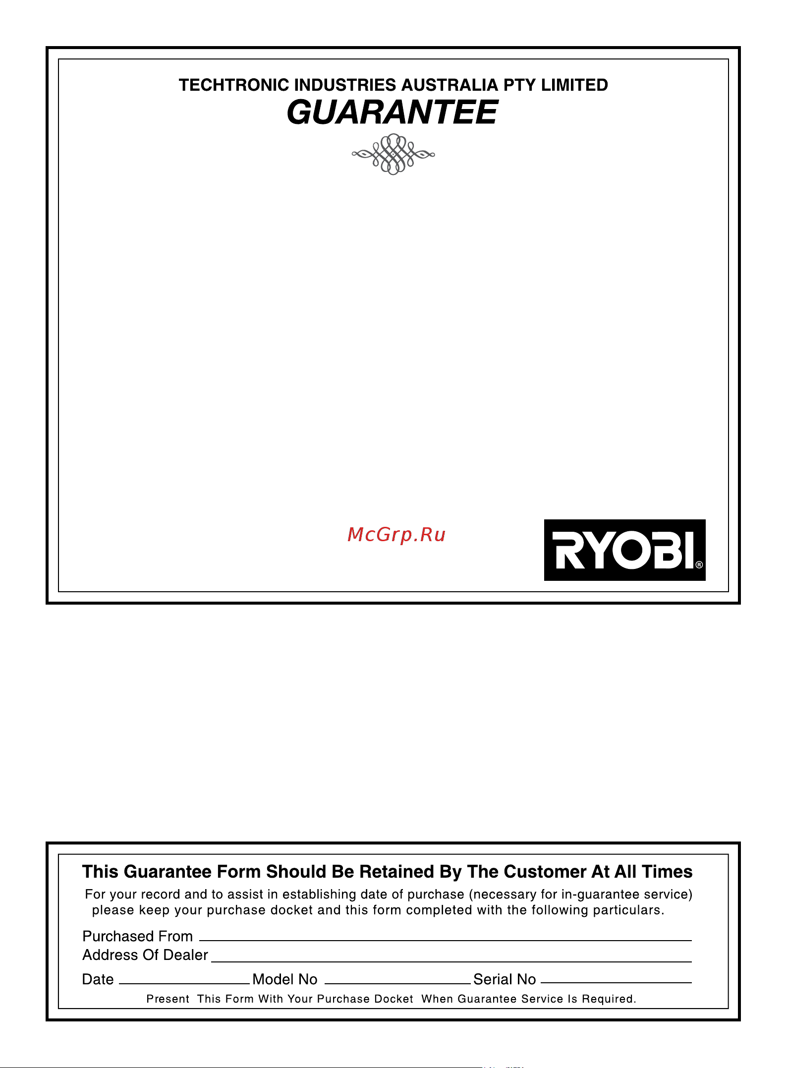 Ryobi RCS36 [12/12] Techtronic industries australia pty ltd level 1 660 doncaster road doncaster victoria 3108 australia tel 1300 361 505 fax 1800 807 993 www ryobi com au