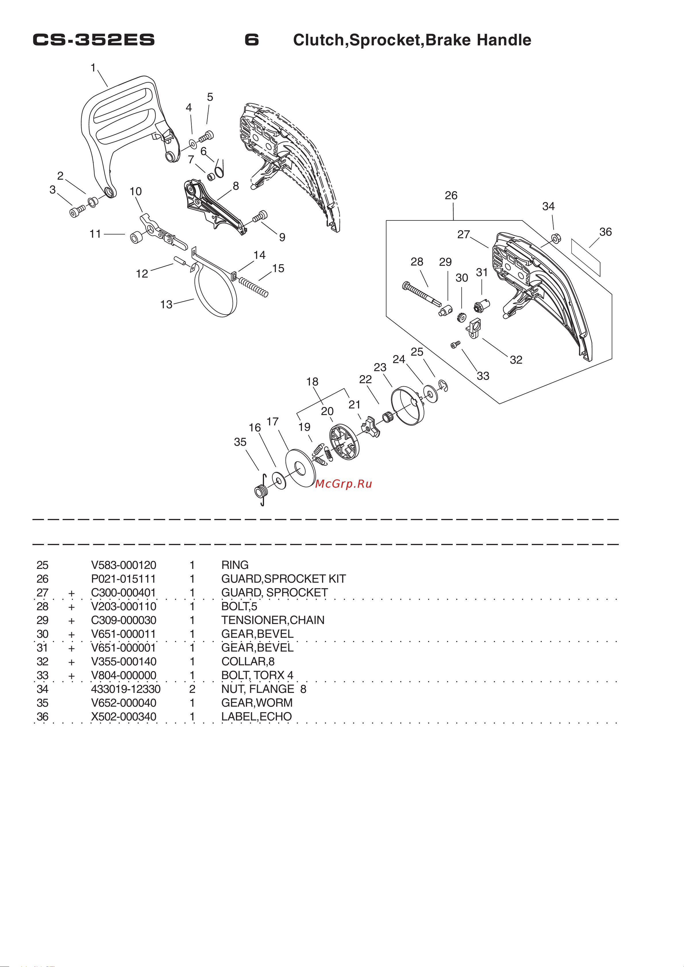 ECHO INCORPORATED ECHO CS-352ES (деталировка) [9/14] Cs 352es 6 clutch sprocket brake handle