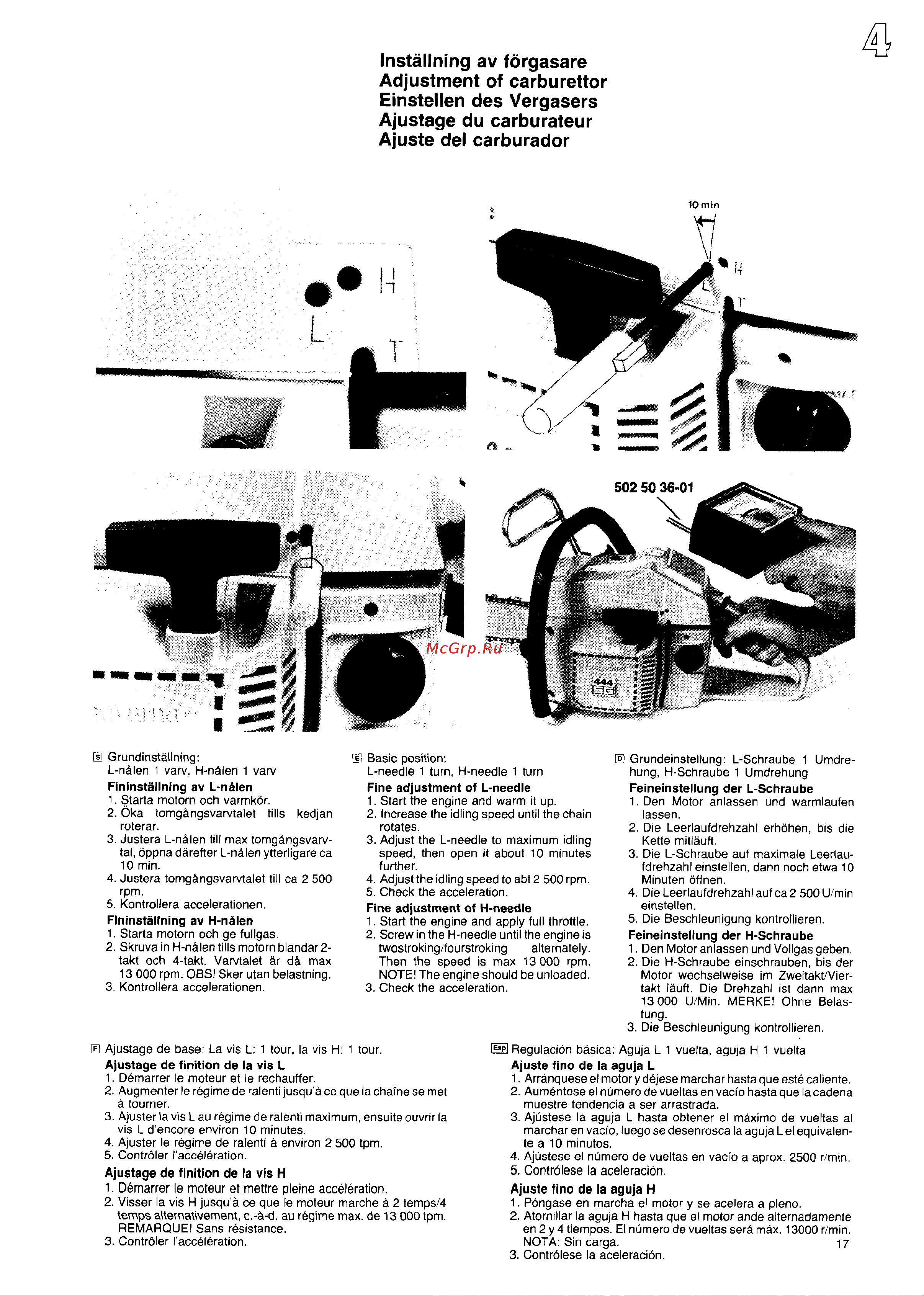 Husqvarna 444 (1987) [16/55] Installing av forgasare adjustment of carburetor einstellen des vergasers ajustage du carburateur ajustedel carburador