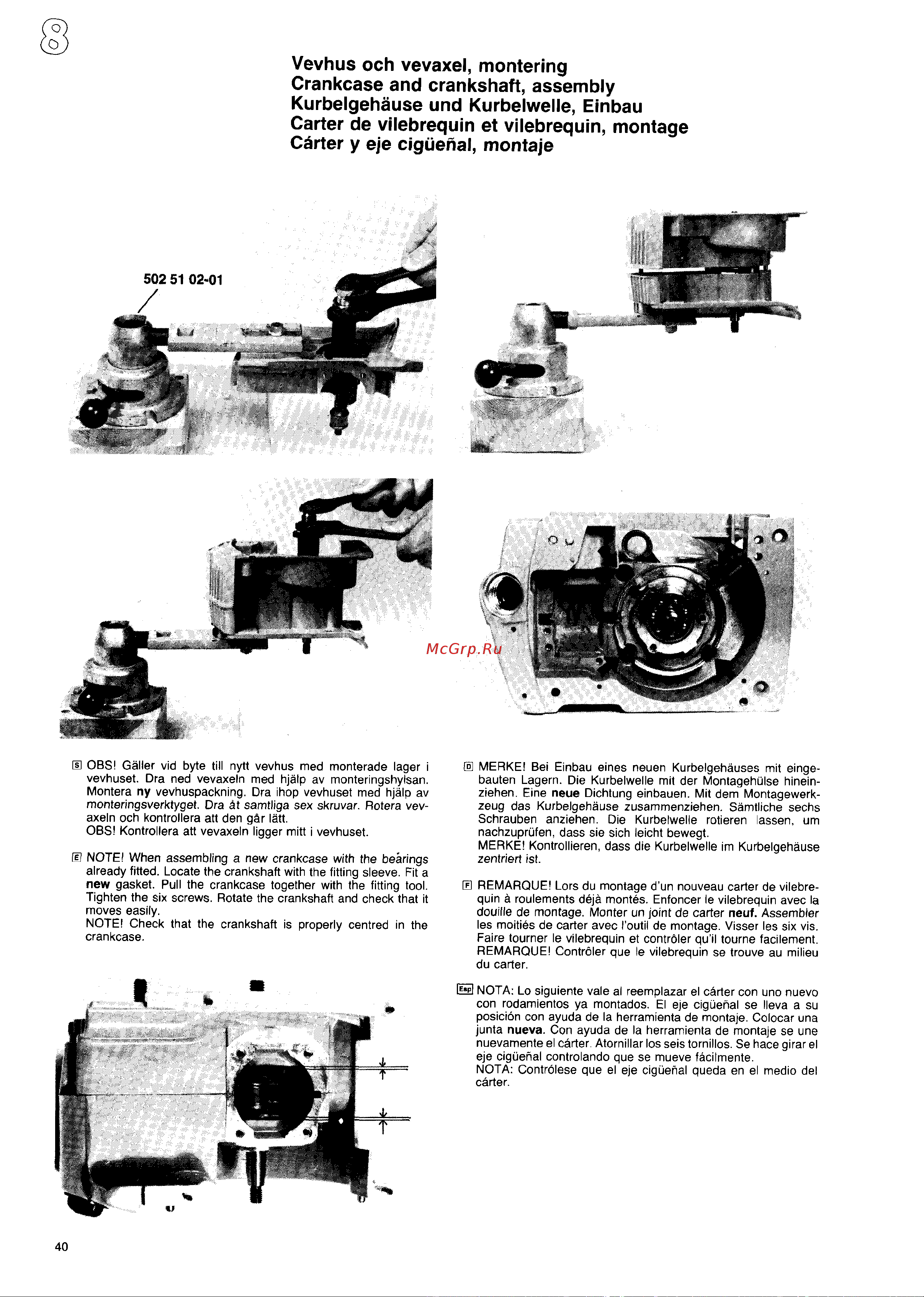 Husqvarna 444 (1987) [39/55] Vevhus och vevaxel montering crankcase and crankshaft assembly kurbelgehause und kurbelwelle einbau carter de vilebrequin et vilebrequin montage carter y eje ciguefial montaje