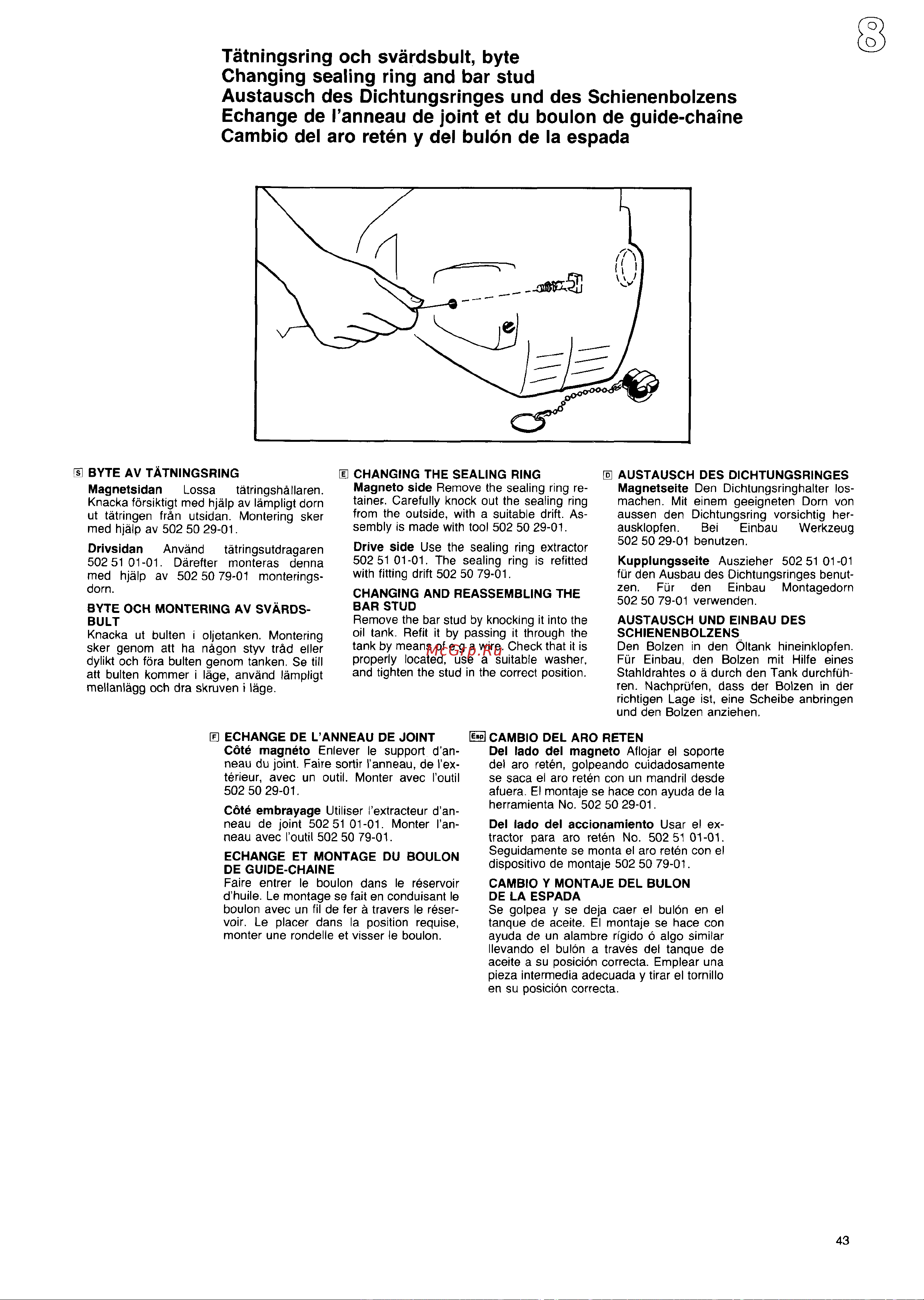 Husqvarna 44 (1987) [42/55] Tatningsring och svardsbult byte changing sealing ring and bar stud austausch des dichtungsringes und des schienenbolzens echange de i anneau de joint et du boulon de guide...
