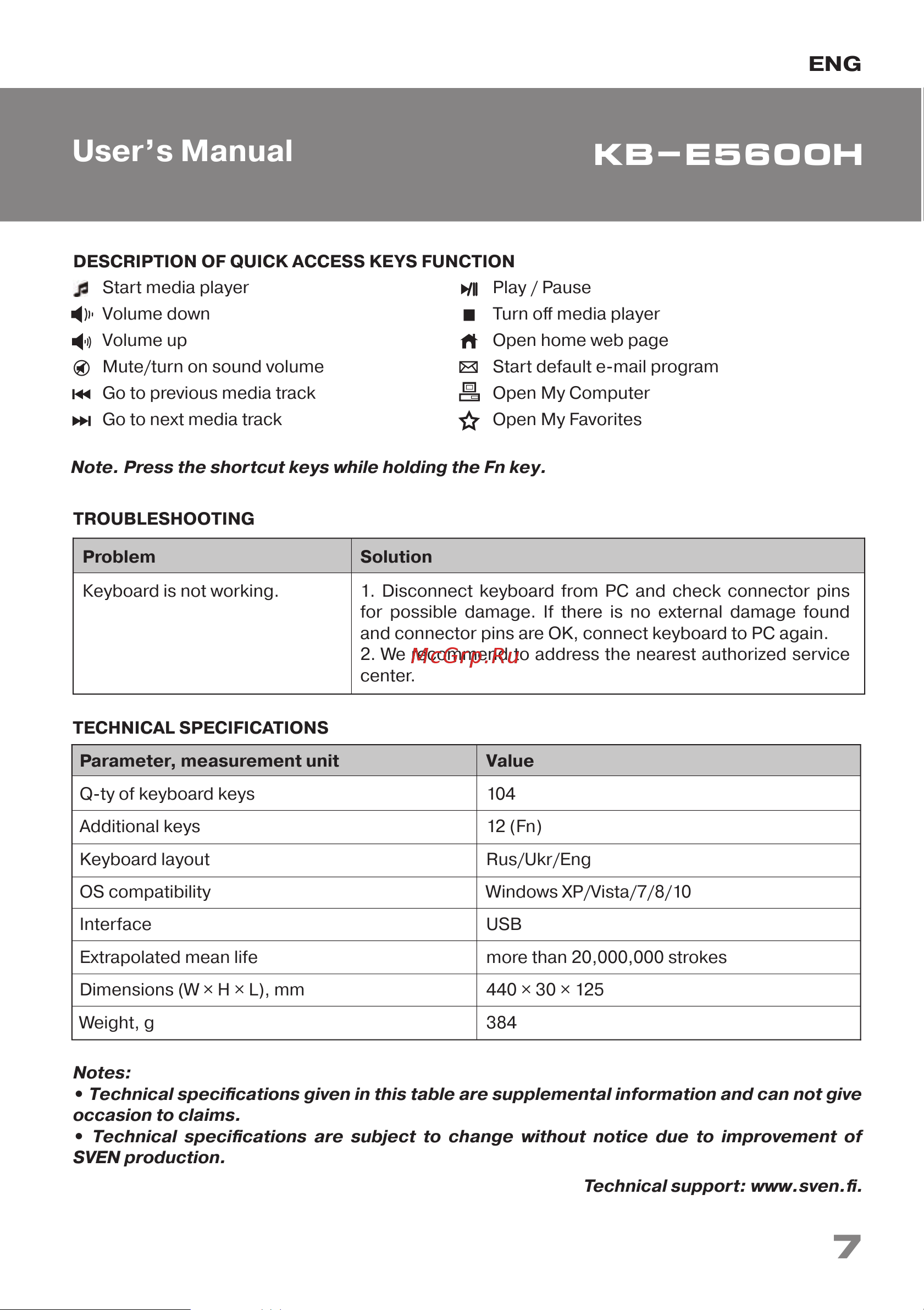 Sven KB-E5600H (SV-016524) [7/8] User s manual