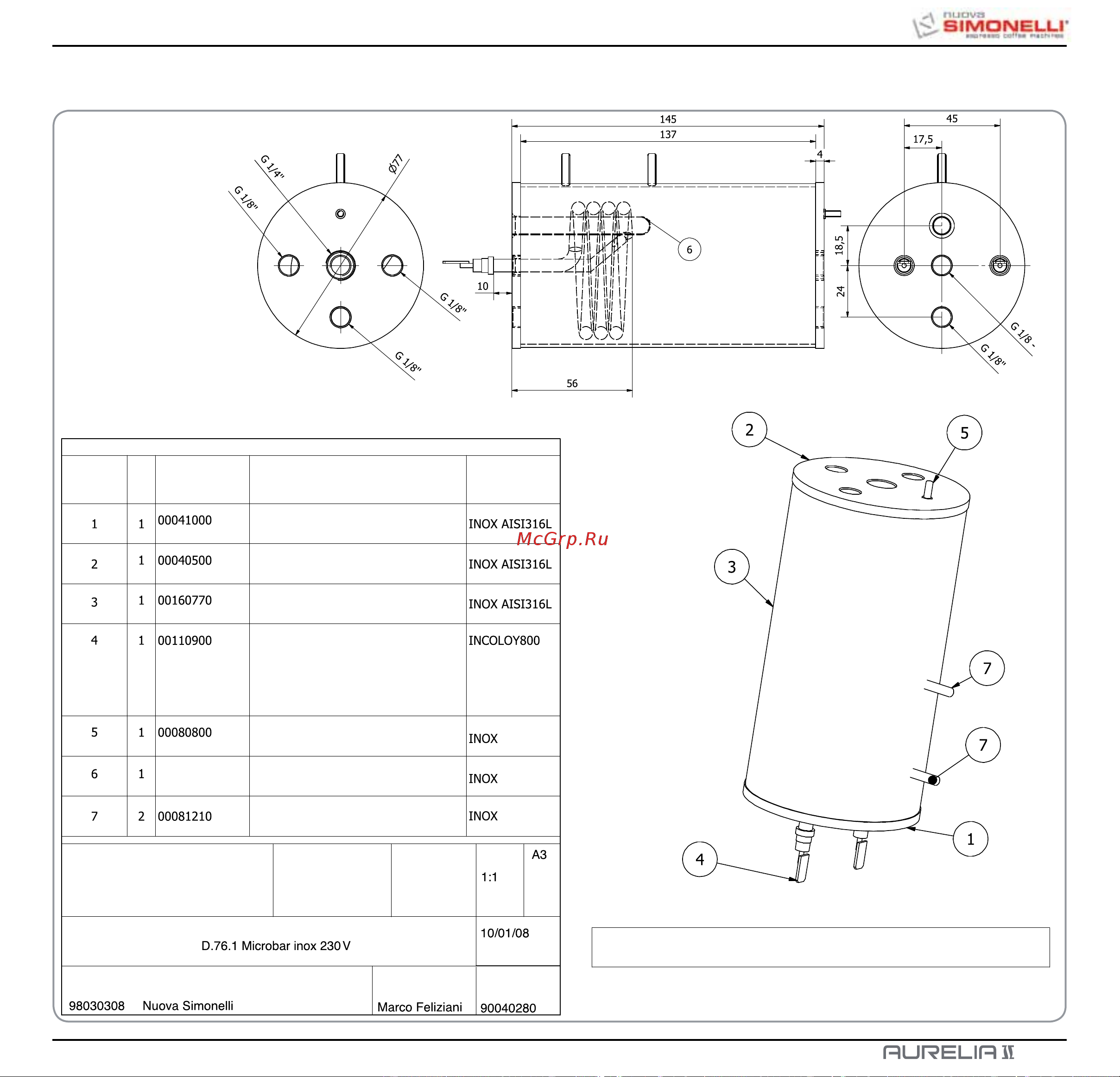 Nuova Simonelli Aurelia II 3 Gr V [213/214] Resistenciapor soldar 1000w 230v inoxidable versión 2009 diseño ggs63597