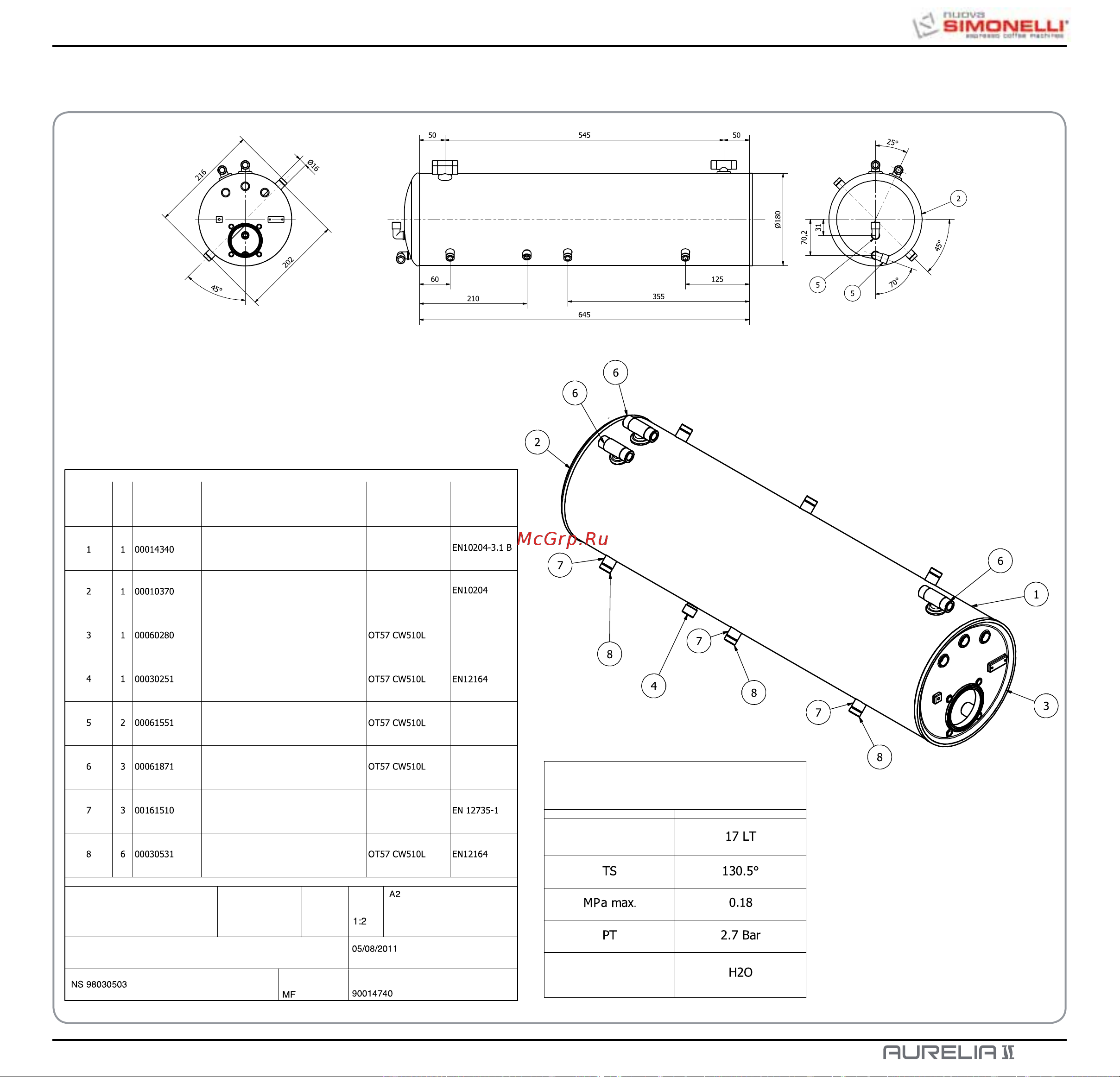 Nuova Simonelli Aurelia II 2 Gr S [211/214] Gehäuse boiler aurelia 0 80 2 gr ii t3 cuerpo caldera aurelia 0 80 2 gr ii t3