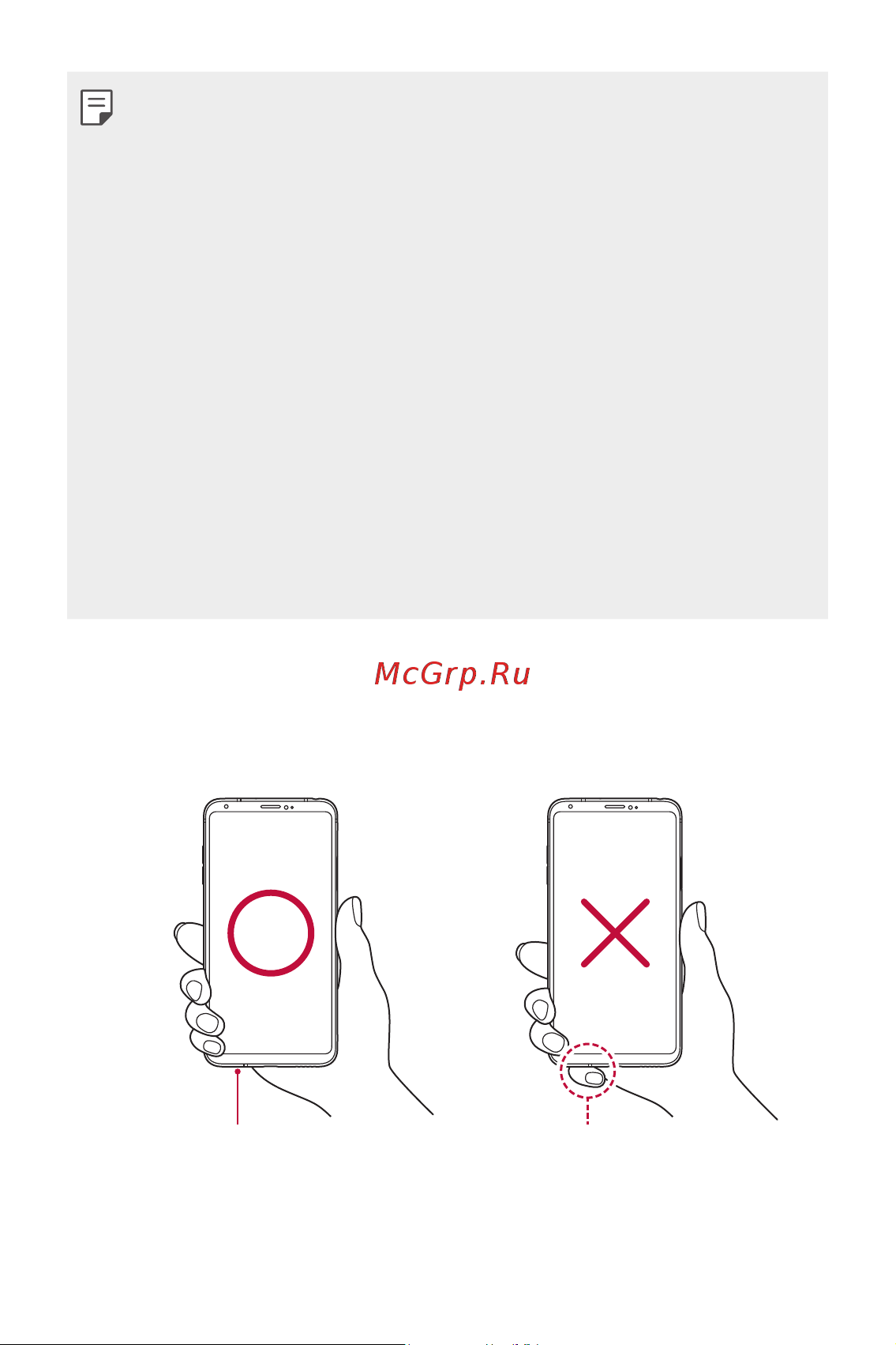 LG H930DS V30+ [768/896] Hold the device correctly as shown below if you cover the microphone hole with a hand finger or protective case while using the device you may sound unclear during a call