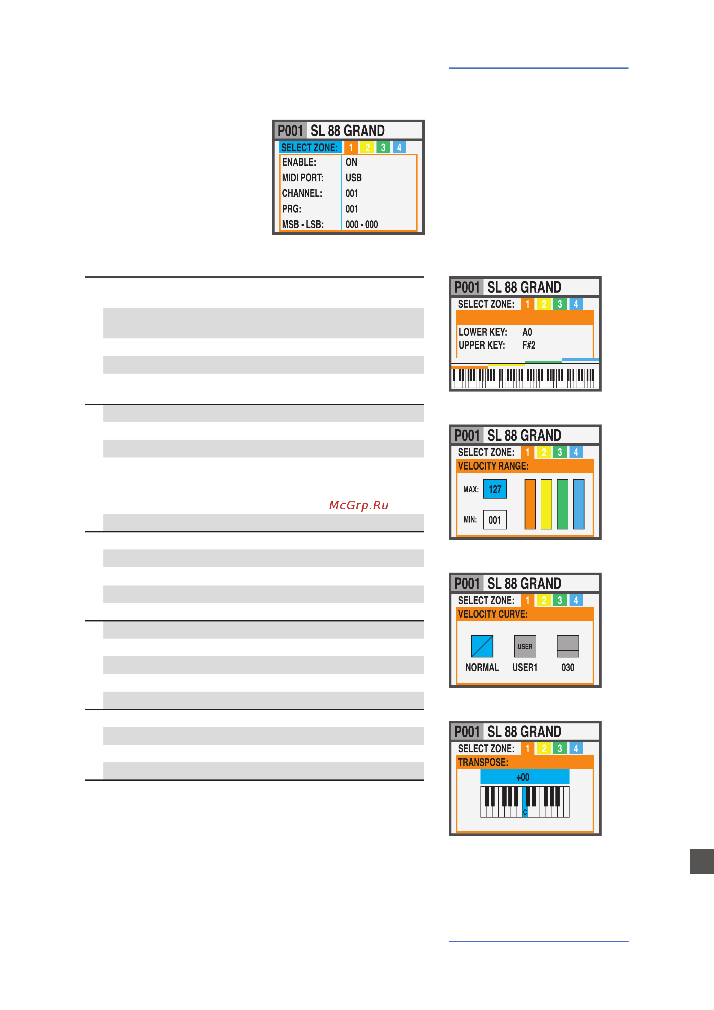 STUDIOLOGIC SL88 Grand [61/69] La pédale 4 peut être programmée pour contrôler tous les pa ramètres disponibles intermittent comme continu mais elle peut aussi être configurée avec des multi pédales spéciales slp3 grand ntp etc permettant d avoir jusqu à trois pé dales en une seule prise une application typique est une triple pédale de piano où deux pédales peuvent contrôler les fonc tions atténuation et sostenuto tandis que la troisième pédale peut contrôler fonction de demi étouffement