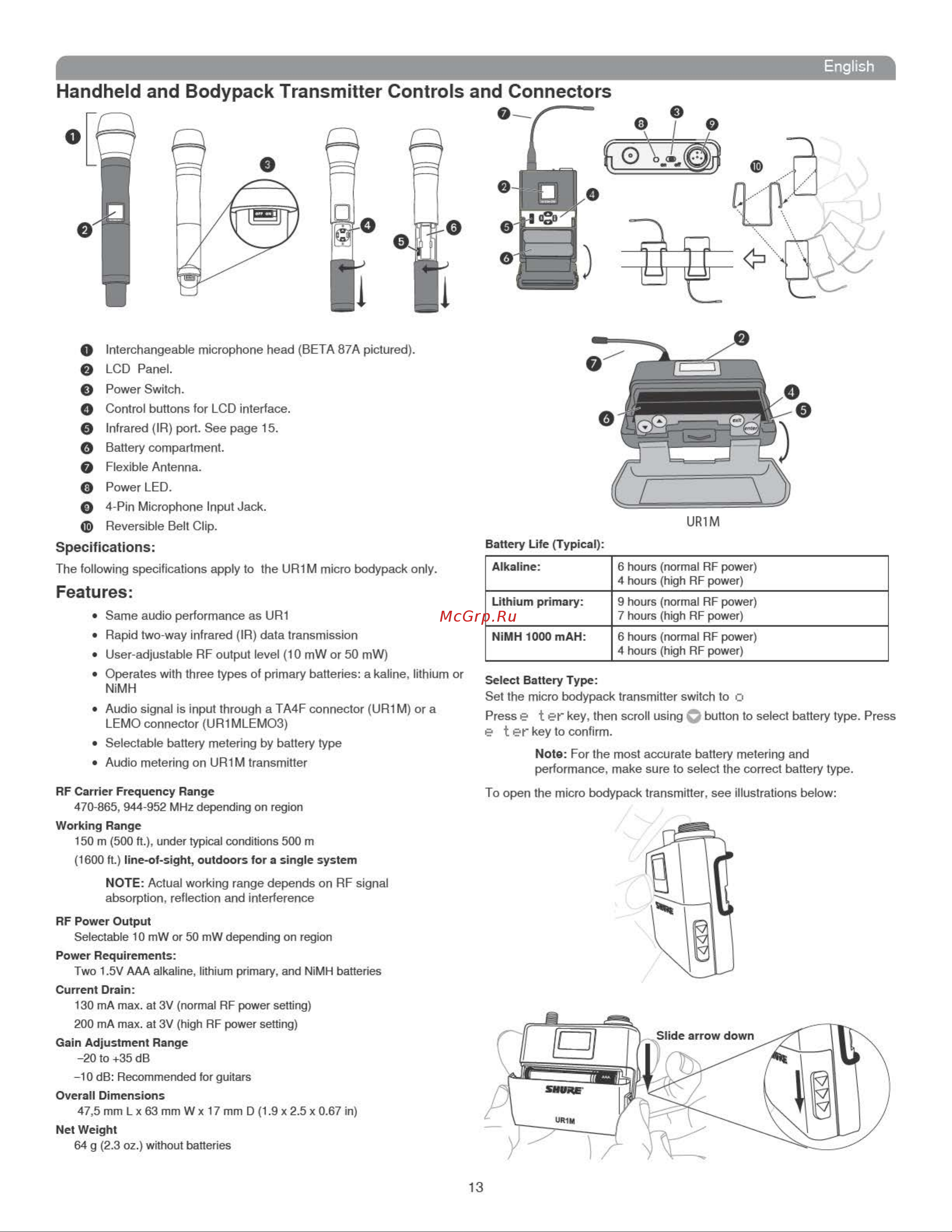 Shure UR1M J5E 578 - 638 MHz Руководство по эксплуатации онлайн [13/50] 776263