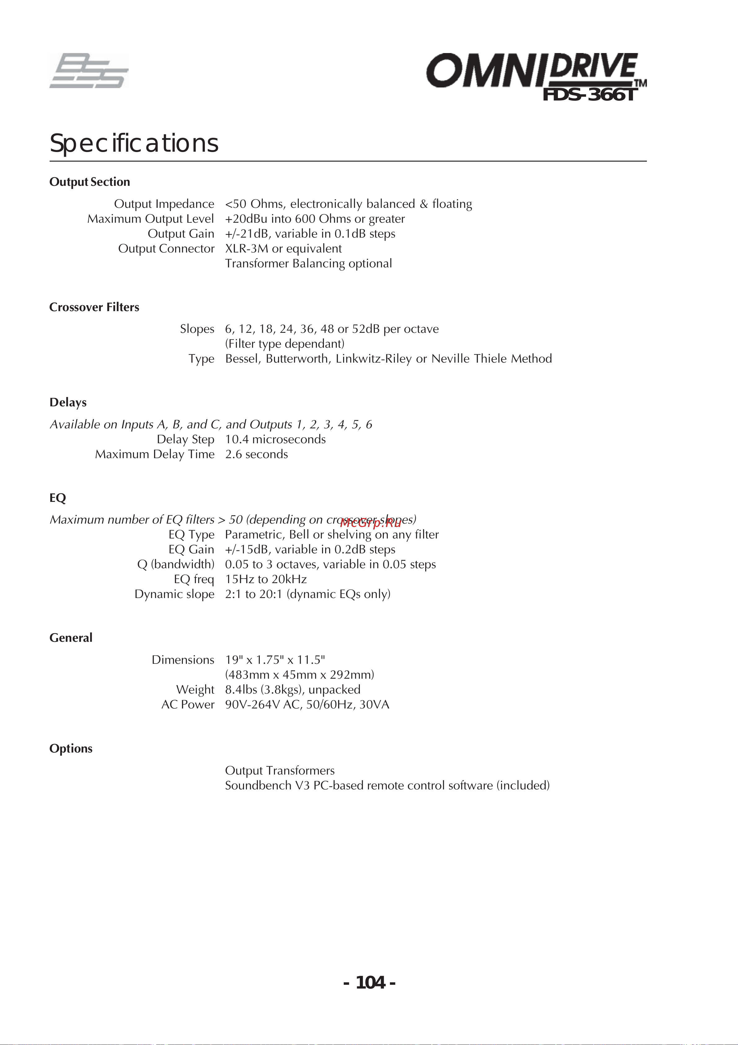 BSS 366T OmniDrive [104/112] Specifications