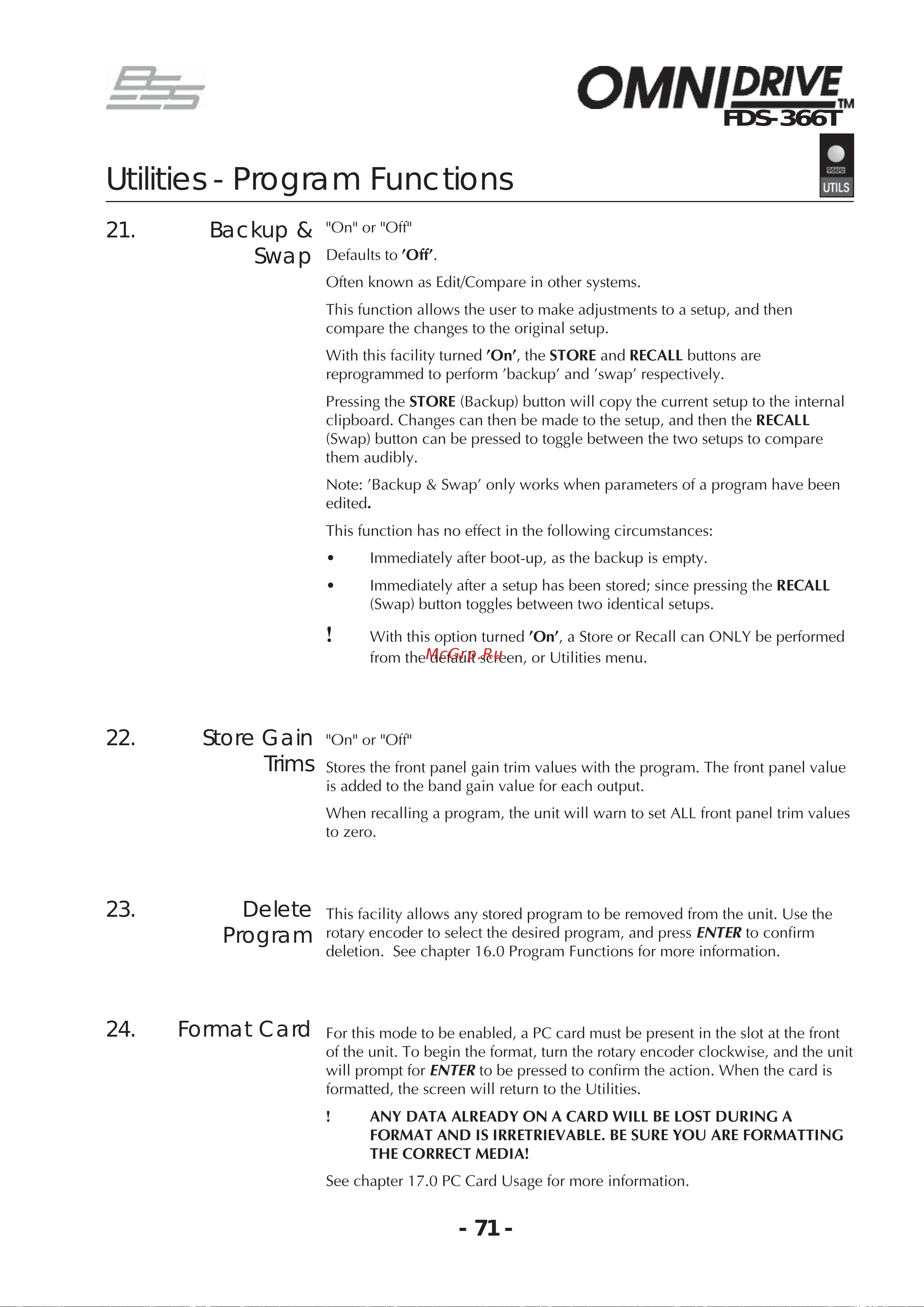 BSS 366T OmniDrive [71/112] Utilities program functions
