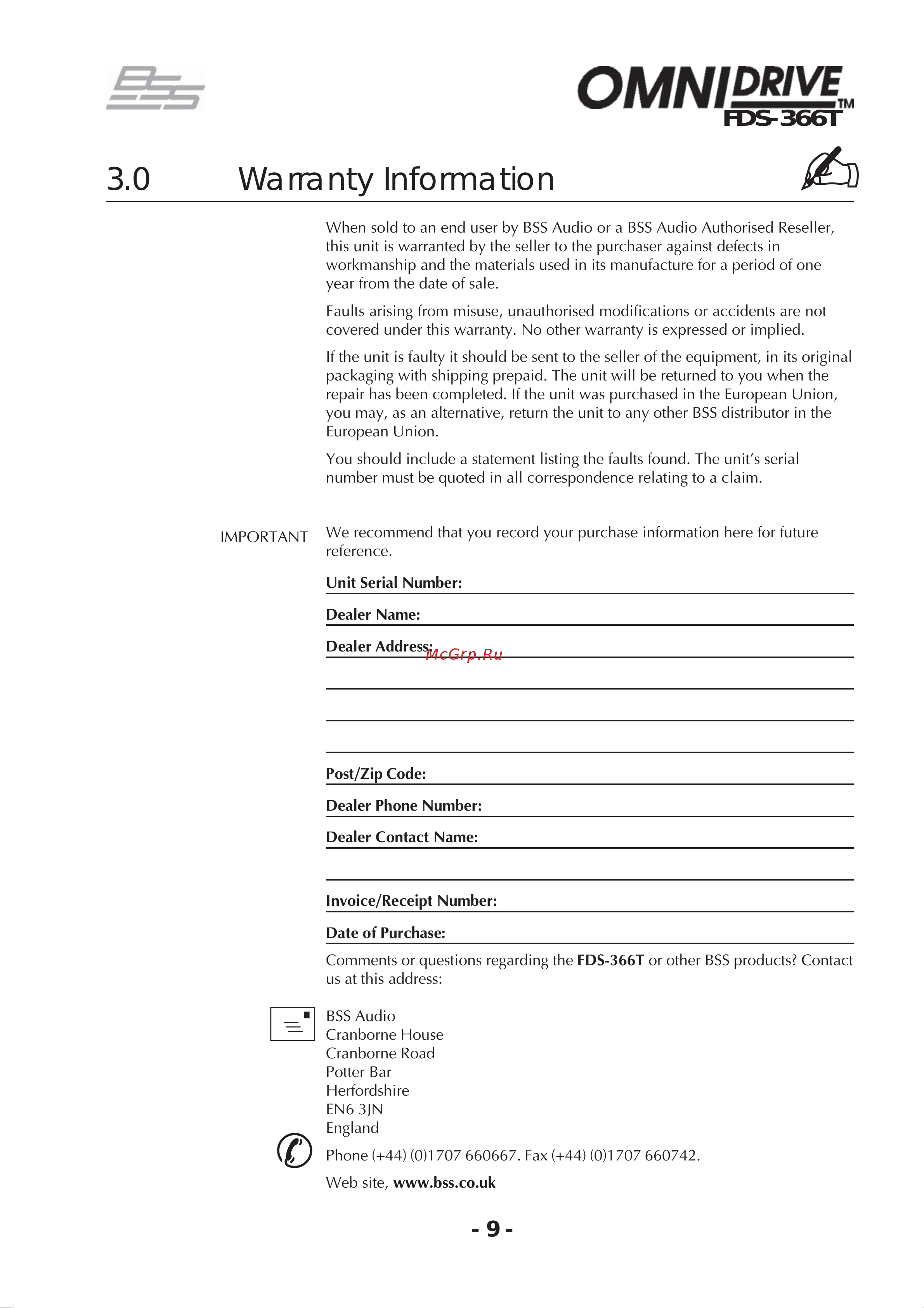 BSS 366T OmniDrive [9/112] Warranty information