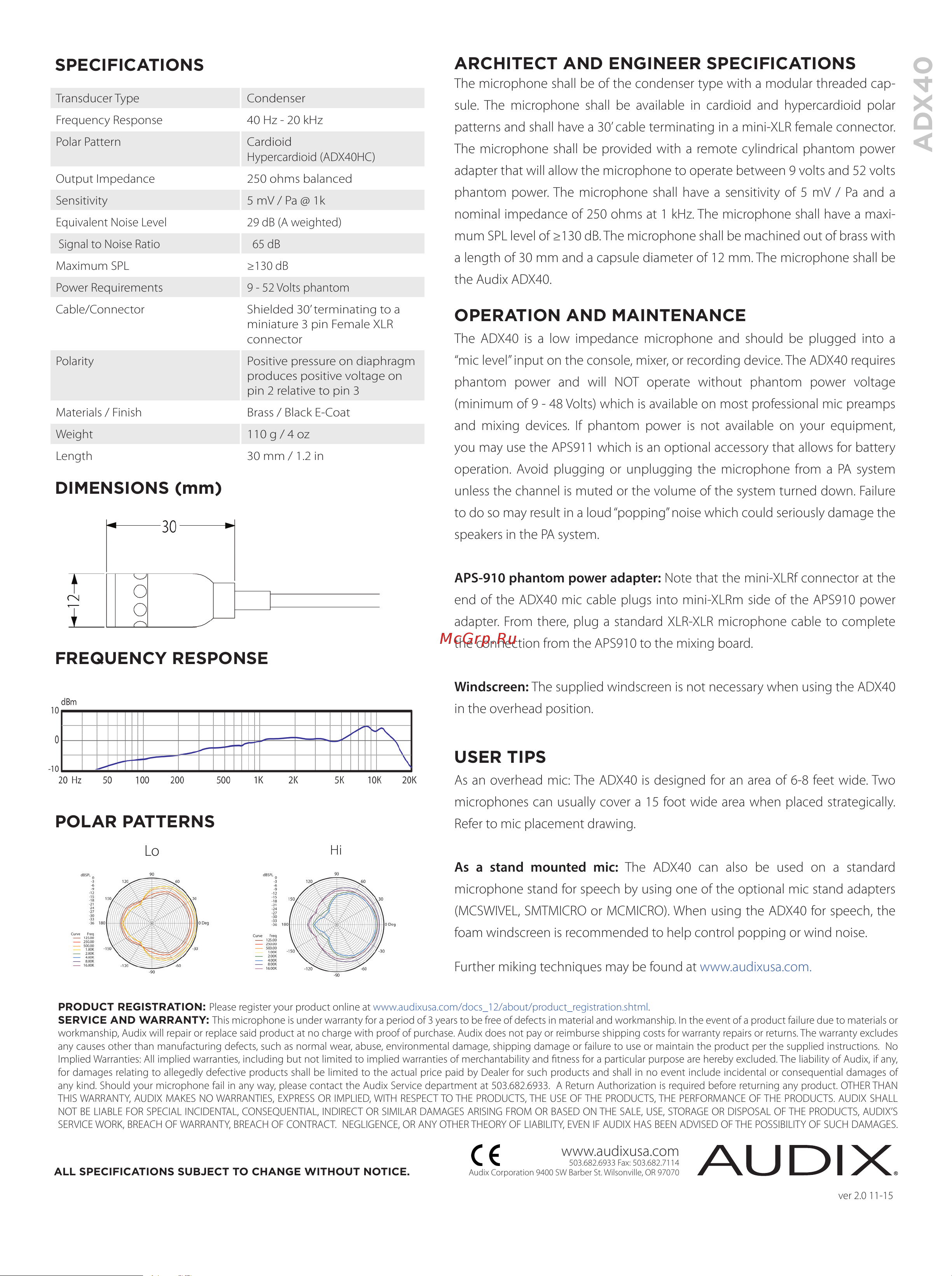 AUDIX ADX40WHC [2/2] Architect and engineer specifications
