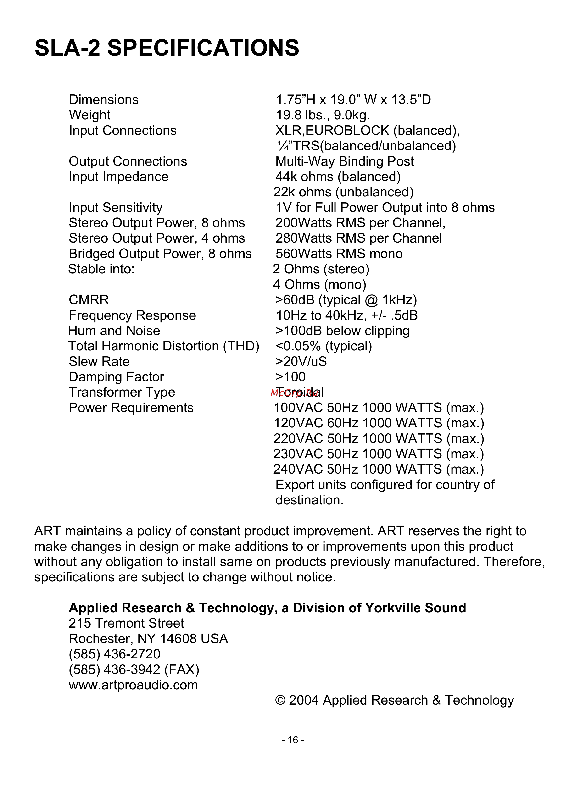 Art SLA-2 [16/16] Sla 2 specifications