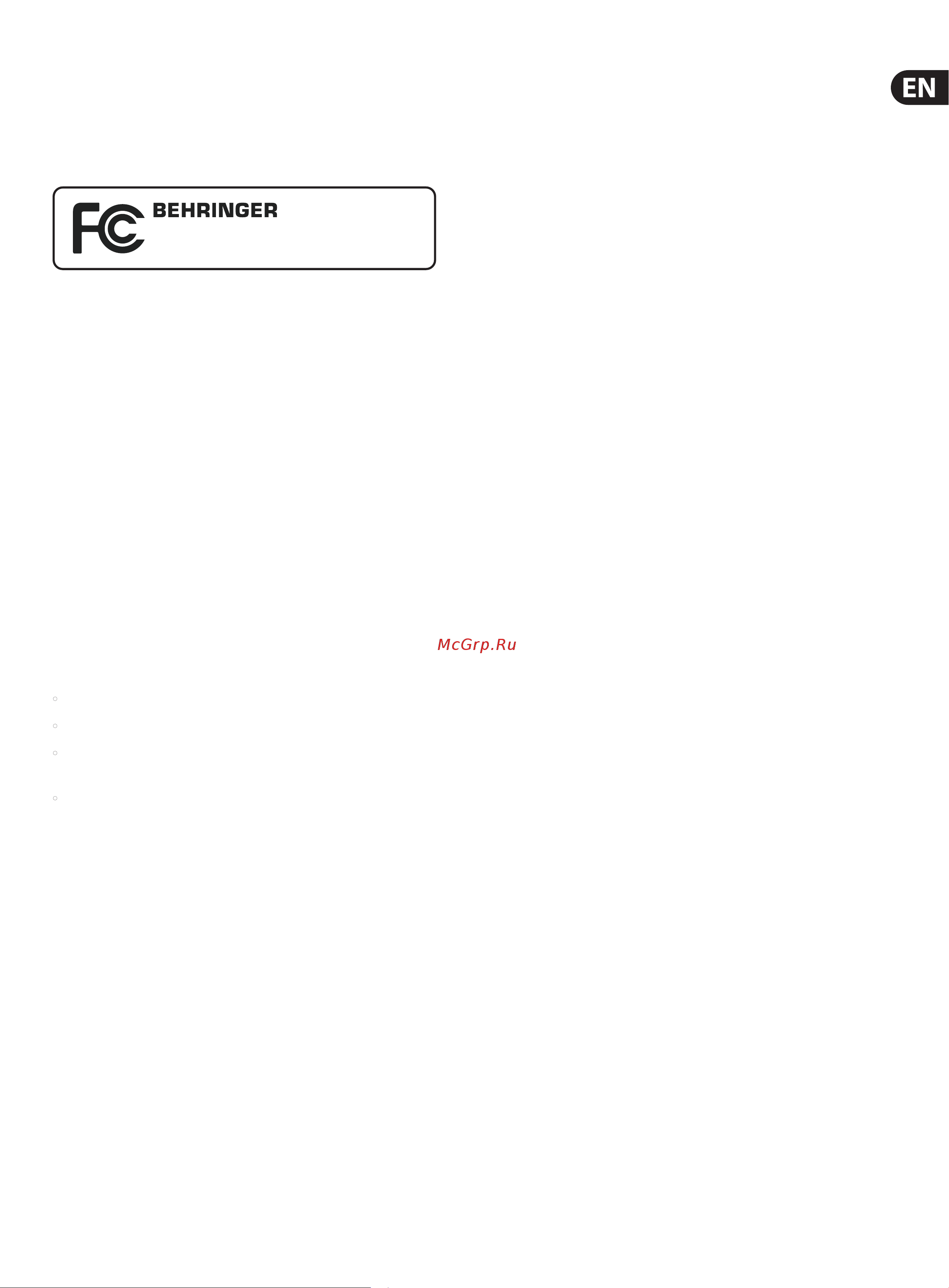 Behringer V-AMP3 [17/18] Federal communications commission compliance information